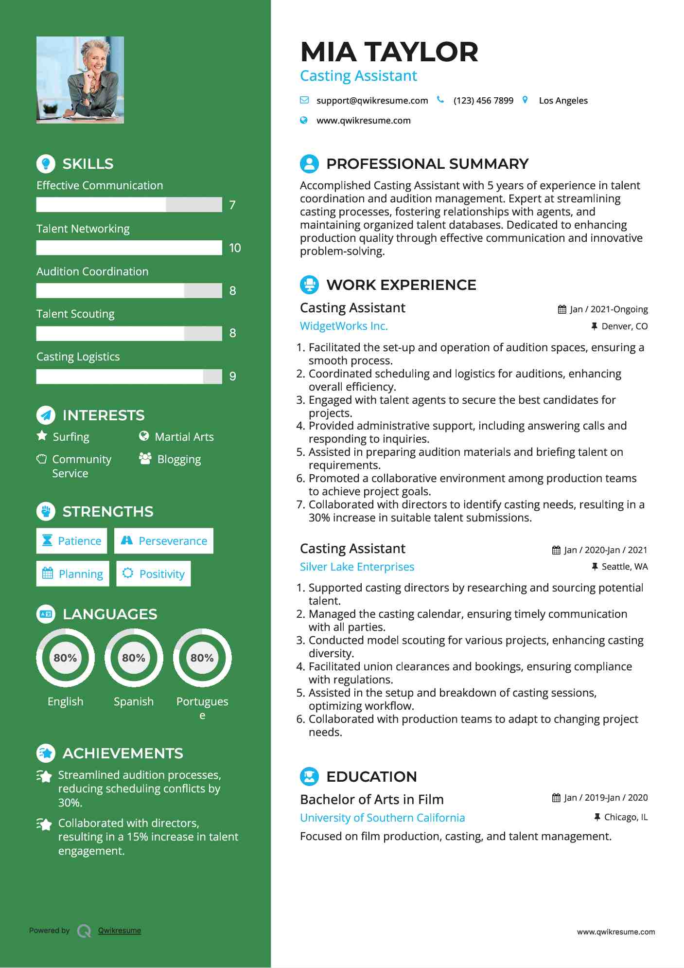 Casting Assistant Resume Model