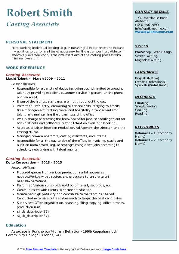Casting Associate Resume Samples QwikResume