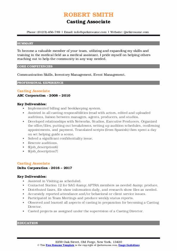 Casting Associate Resume Samples QwikResume