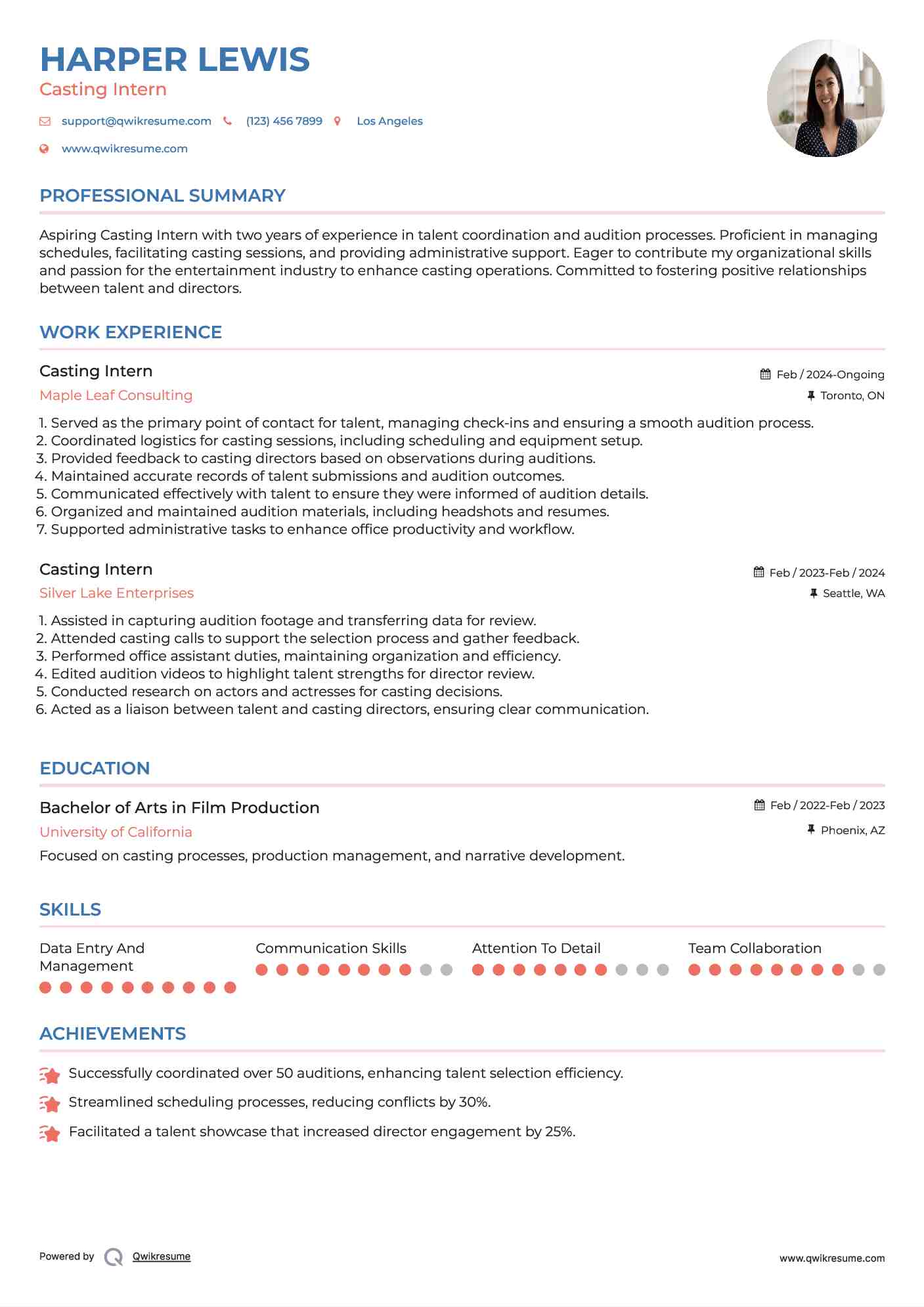 Casting Intern Resume Example