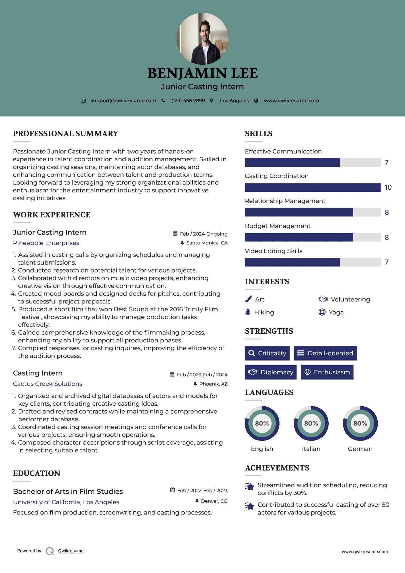 Junior Casting Intern Resume Format