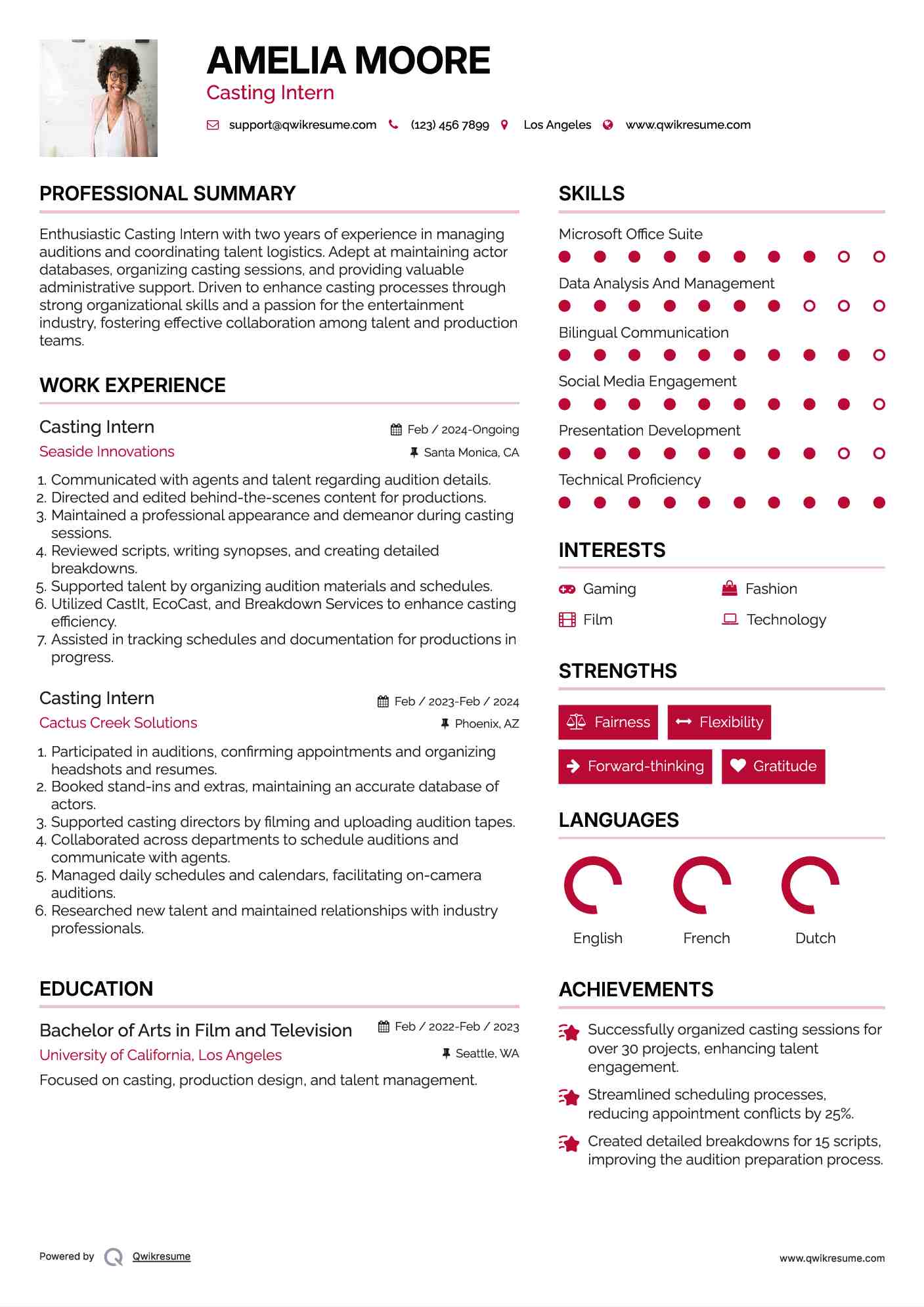 Casting Intern Resume Model