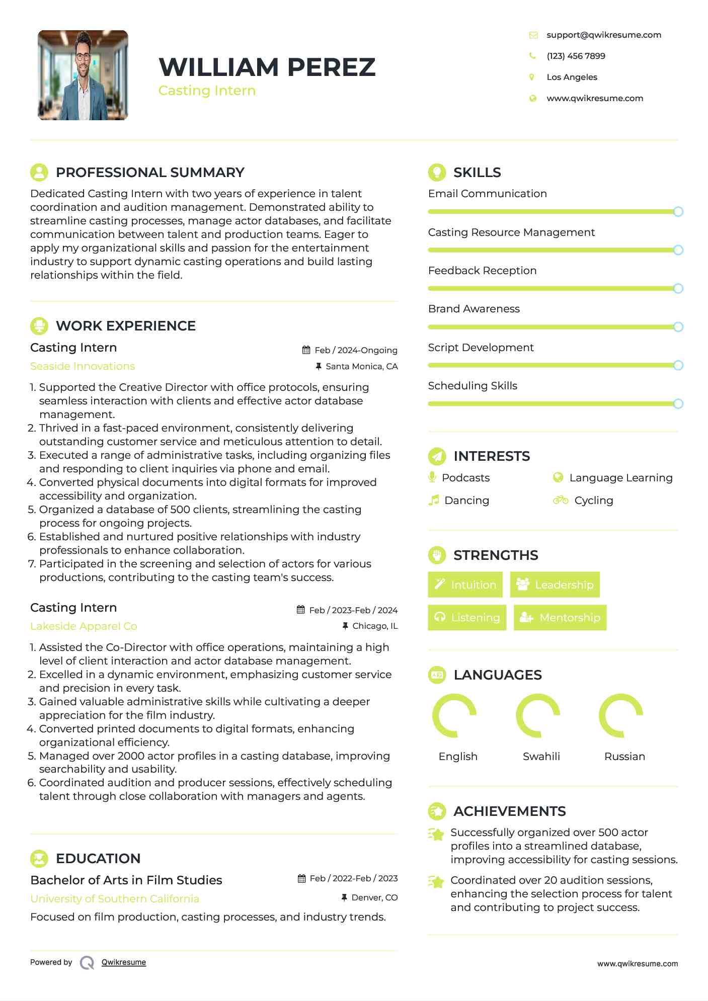 Casting Intern Resume Template