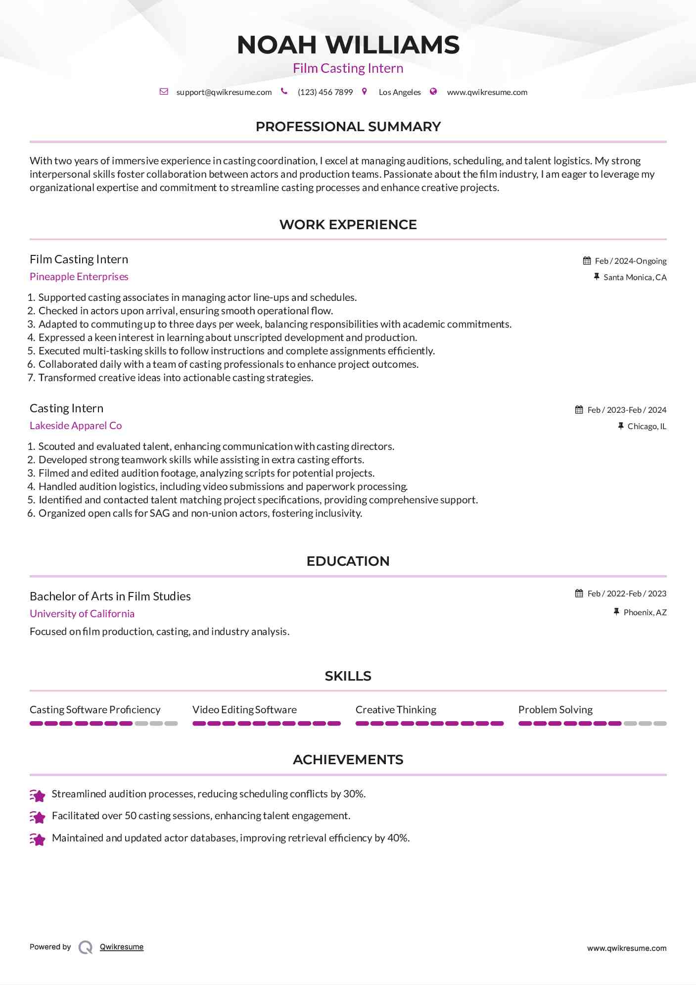 Film Casting Intern Resume Format