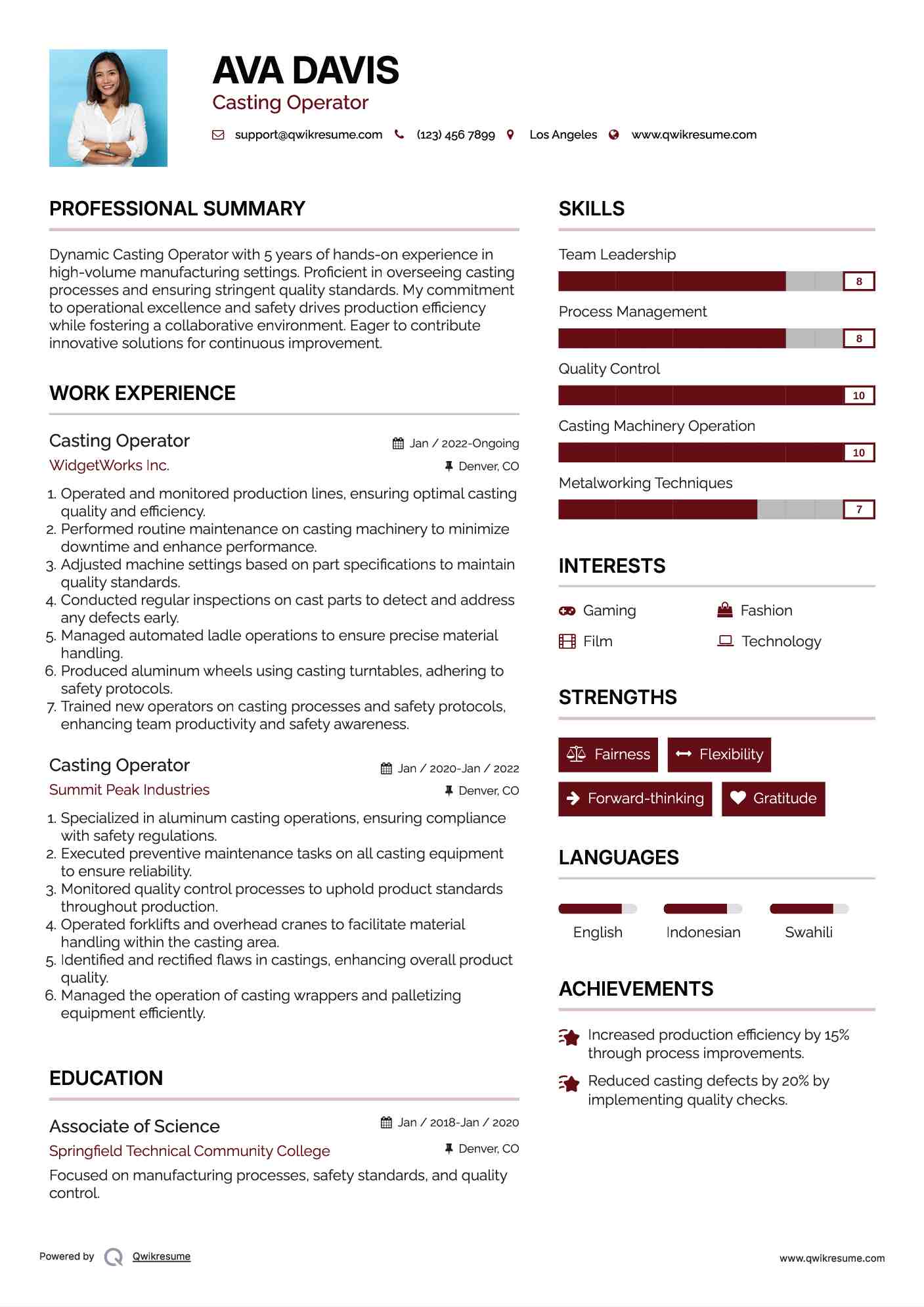 Casting Operator Resume Samples QwikResume