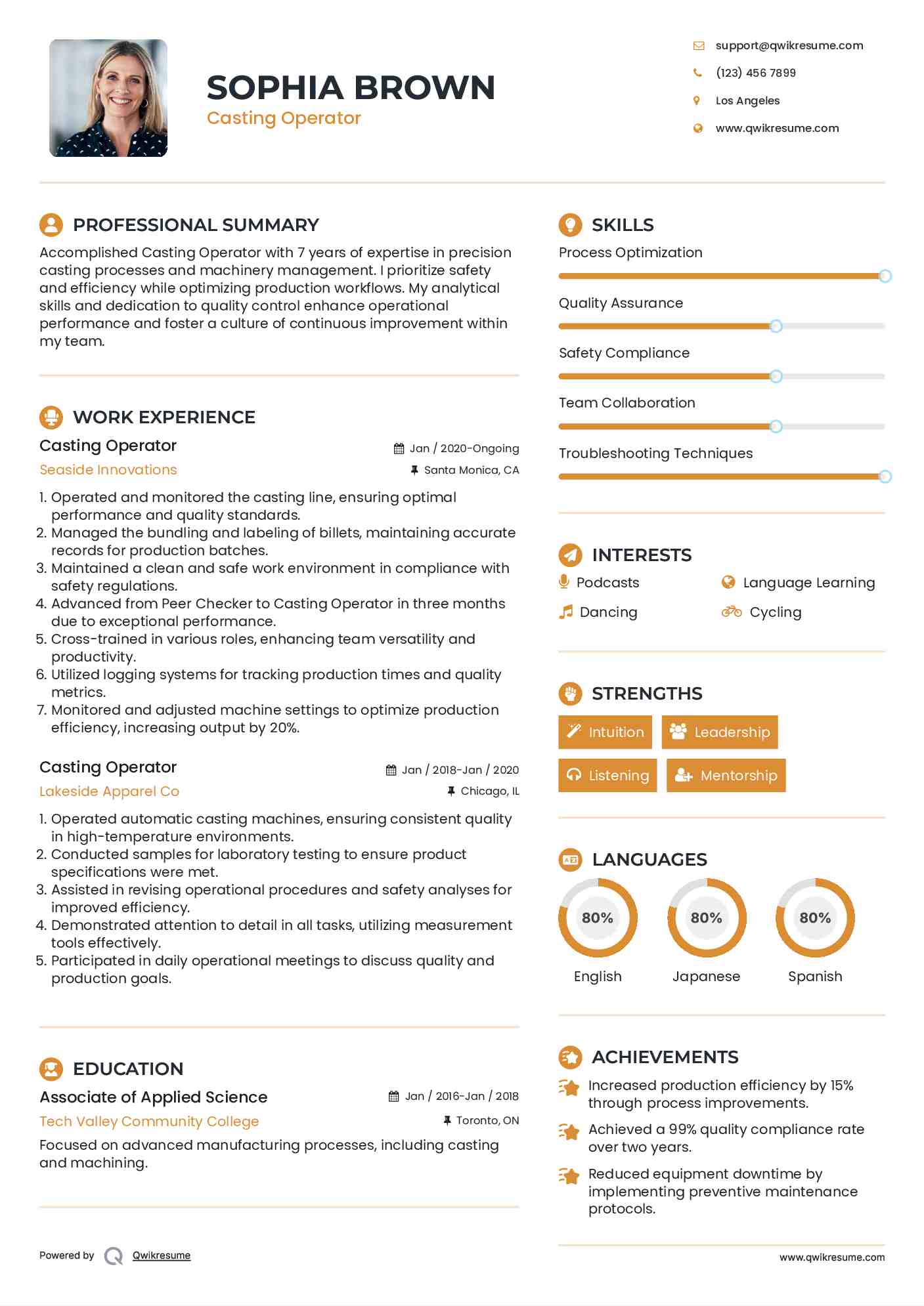 Casting Operator Resume Samples QwikResume