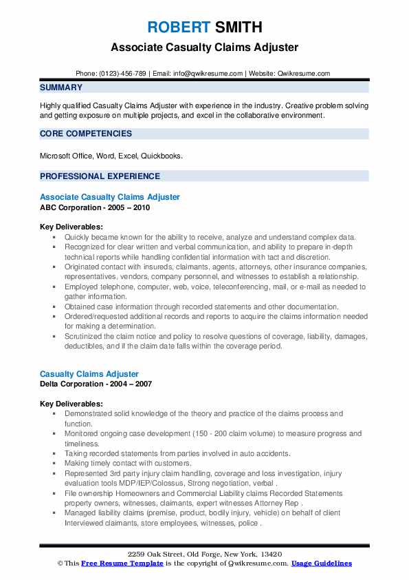 Casualty Claims Adjuster Resume Samples QwikResume