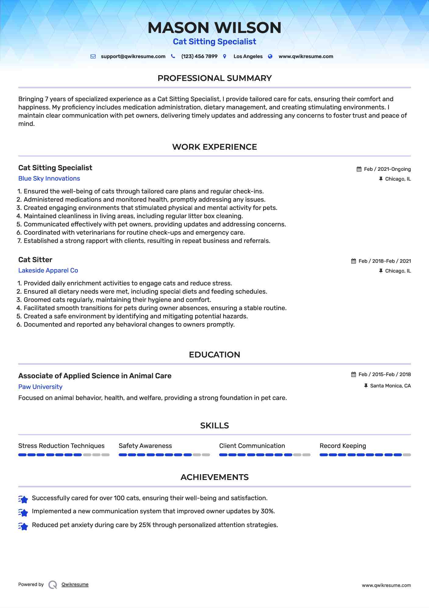 Cat Sitting Specialist Resume Format