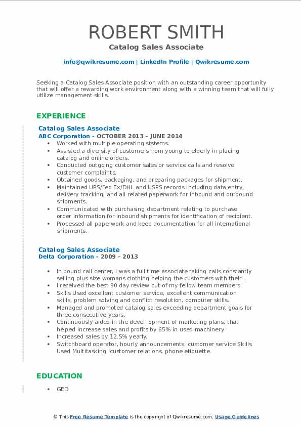 Catalog Sales Associate Resume Samples QwikResume