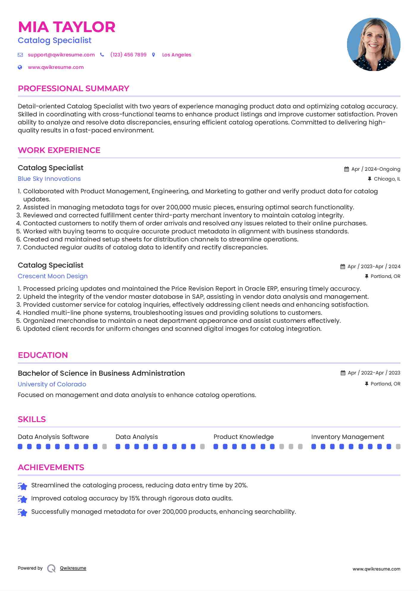 Catalog Specialist Resume Samples QwikResume