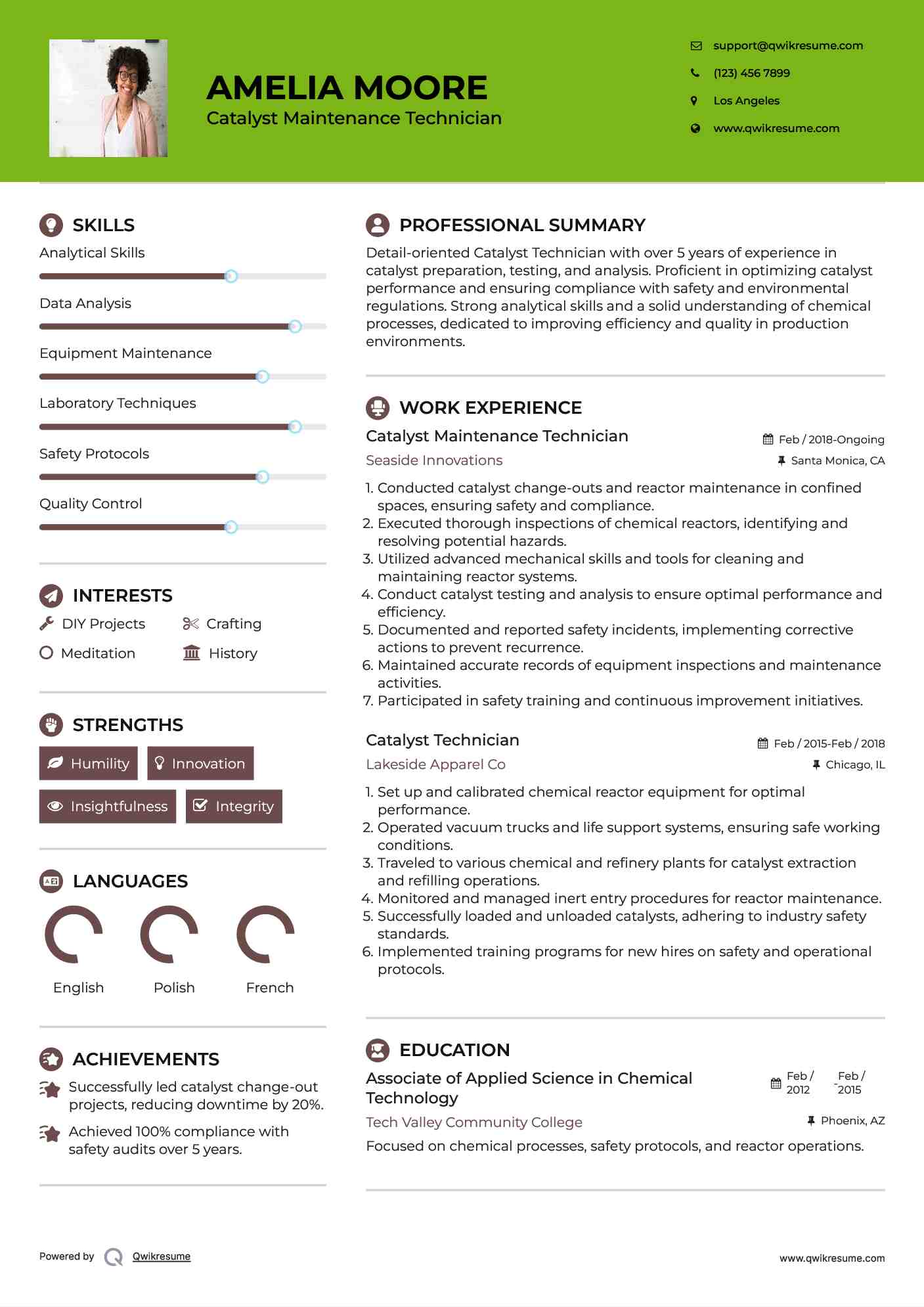 Catalyst Maintenance Technician Resume Model