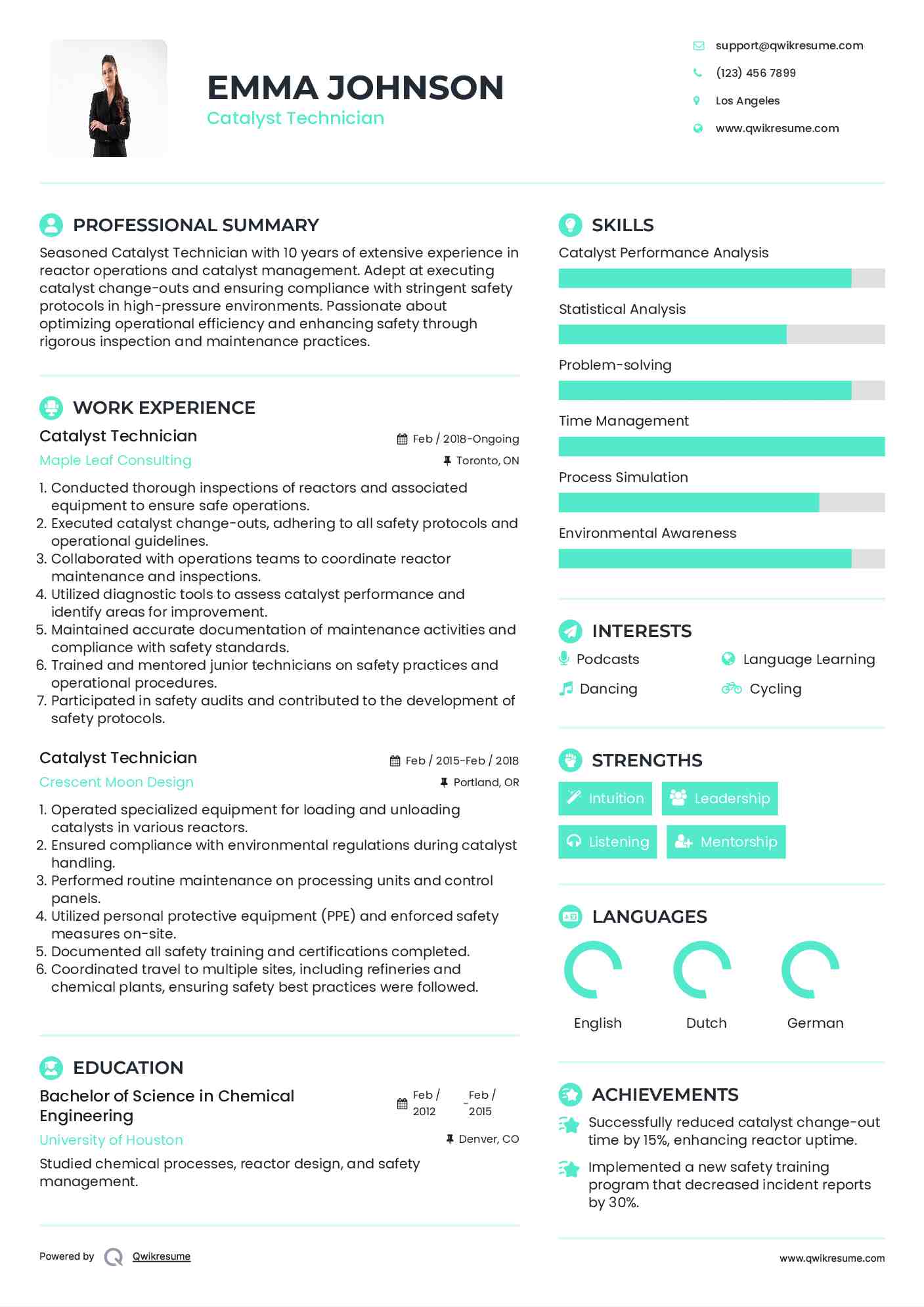 Catalyst Technician Resume Model