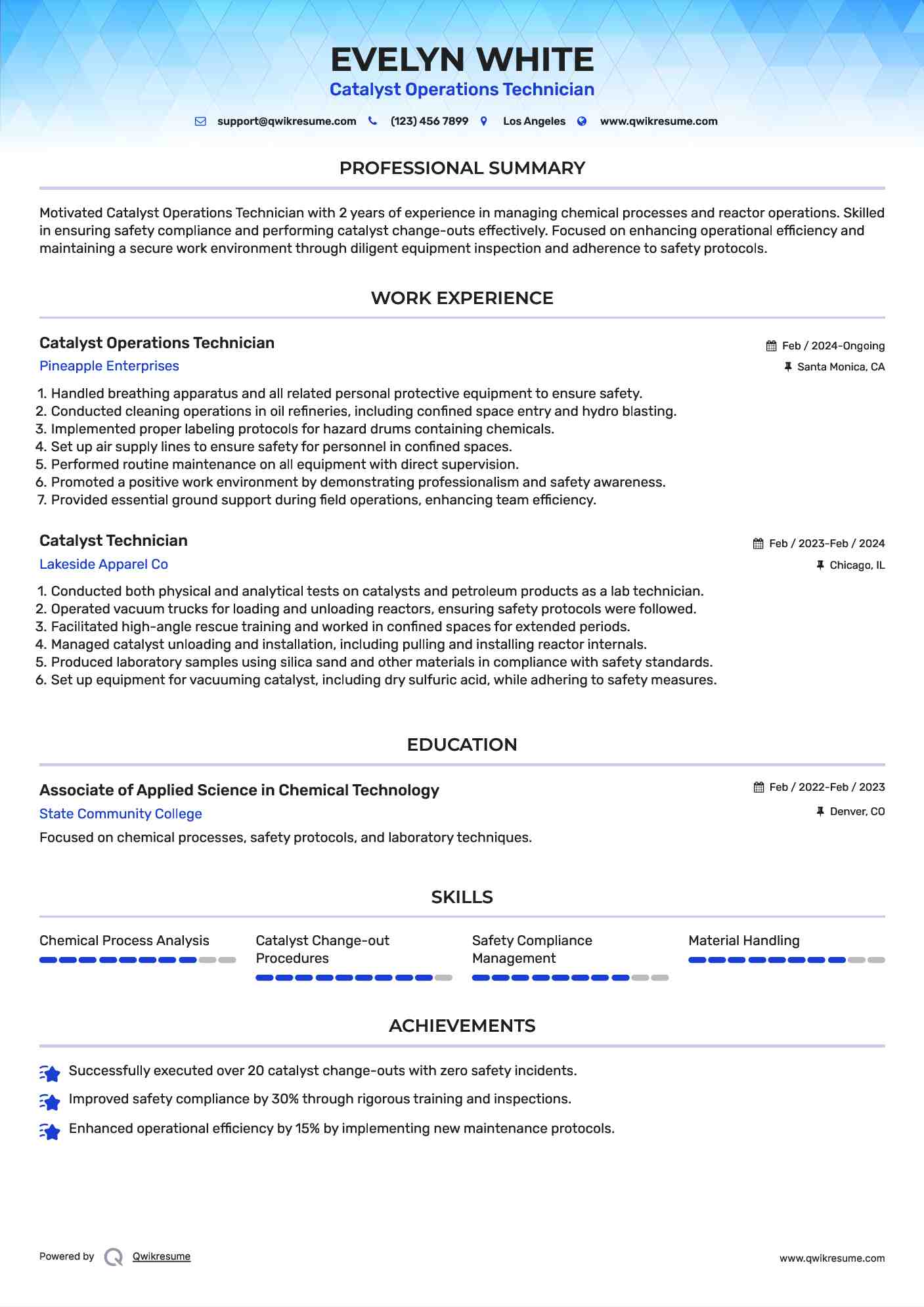 Catalyst Operations Technician Resume Example