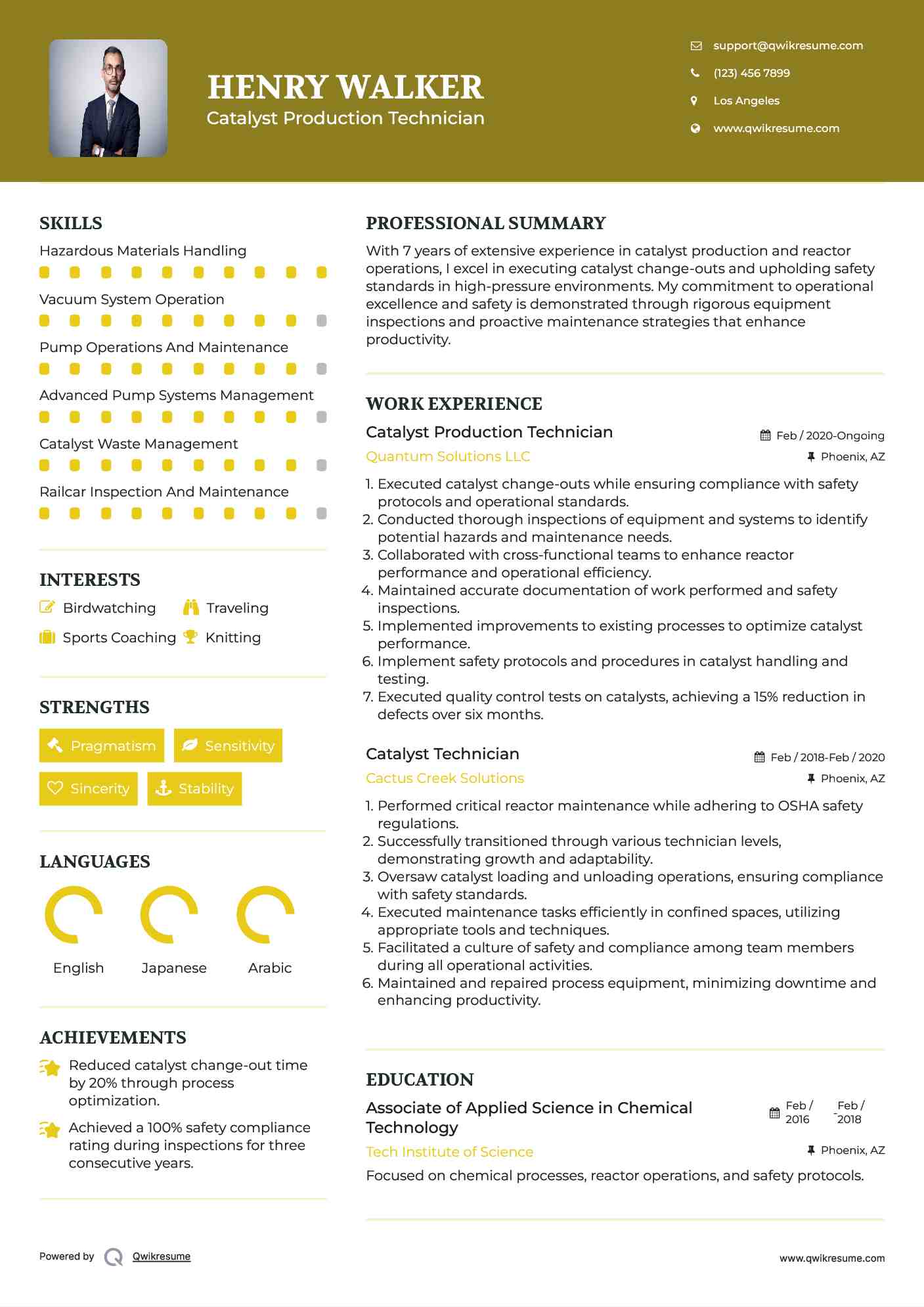 Catalyst Production Technician Resume Format