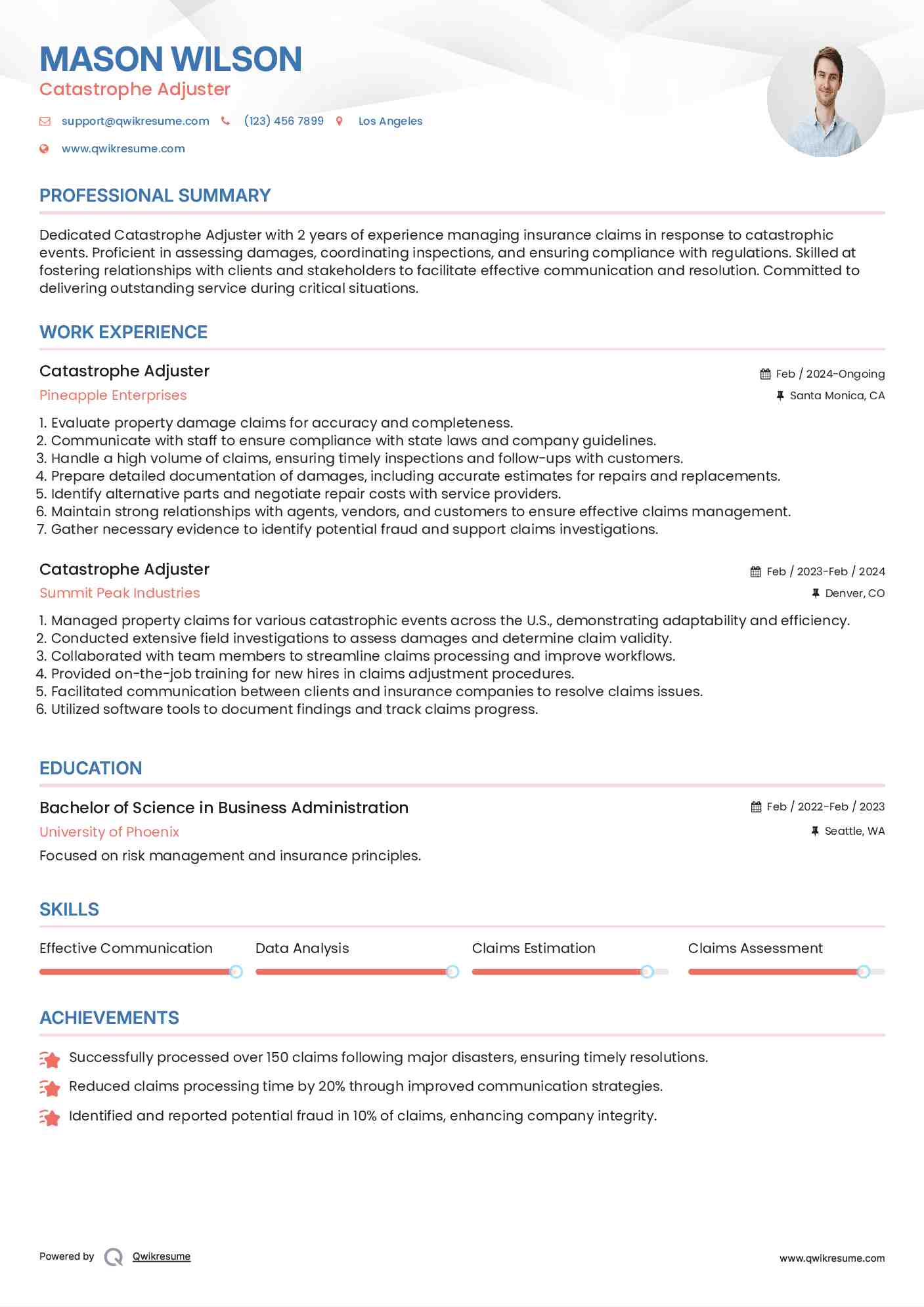 Catastrophe Adjuster Resume Example