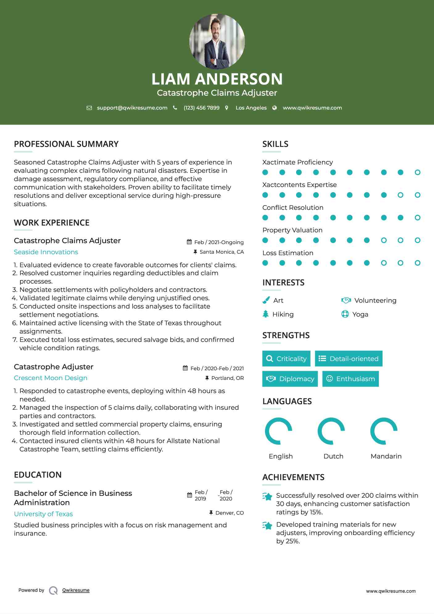 Catastrophe Claims Adjuster Resume Example