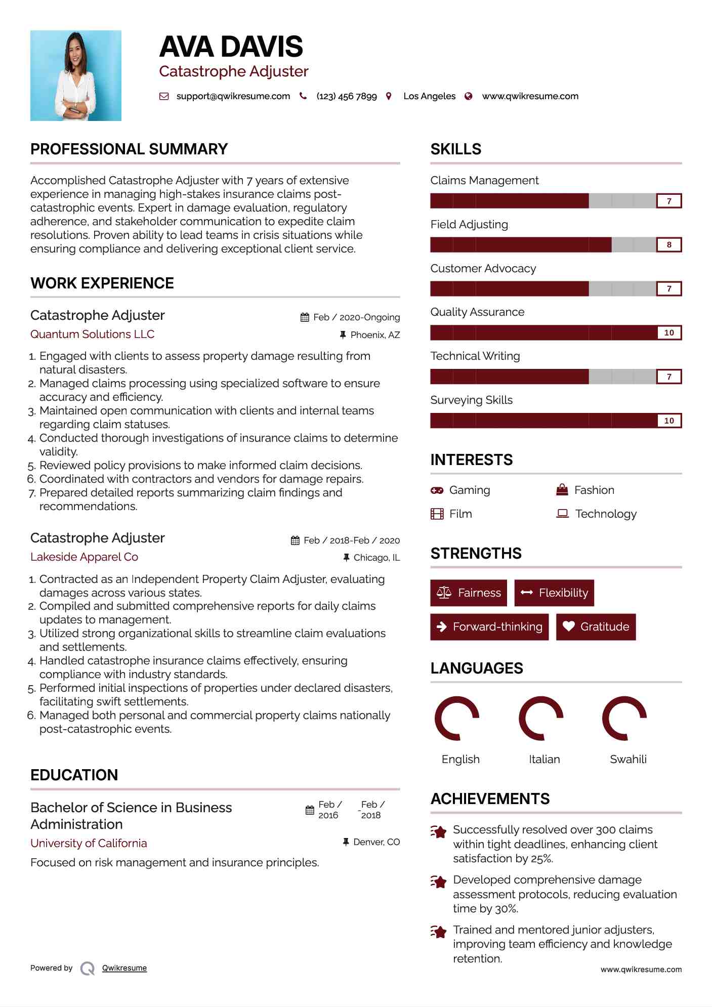 Catastrophe Adjuster Resume Model