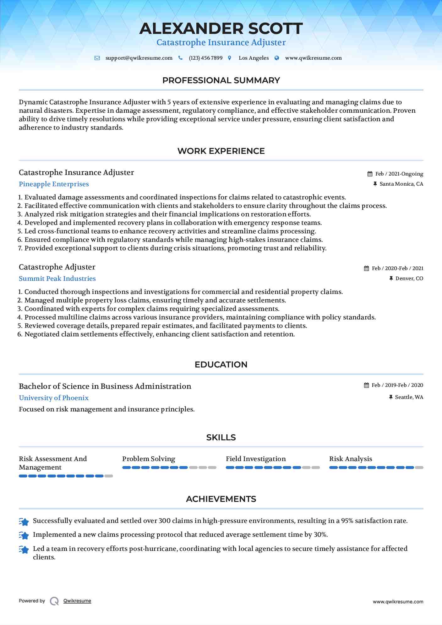 Catastrophe Insurance Adjuster Resume Format