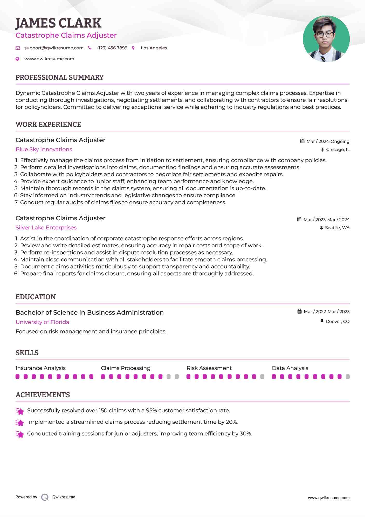 Catastrophe Claims Adjuster Resume Model