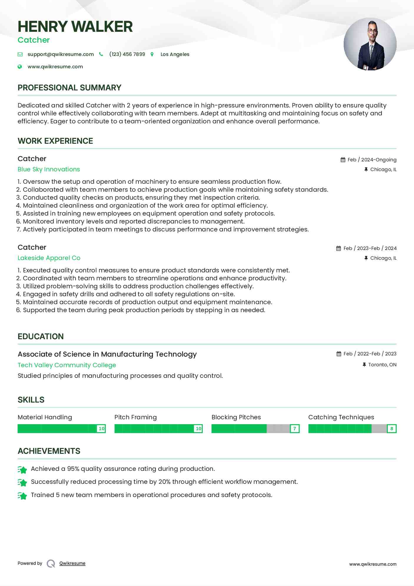 Catcher Resume Samples QwikResume