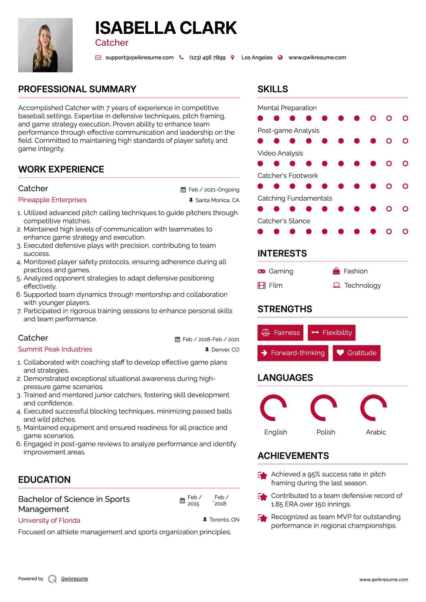 Catcher Resume Samples QwikResume