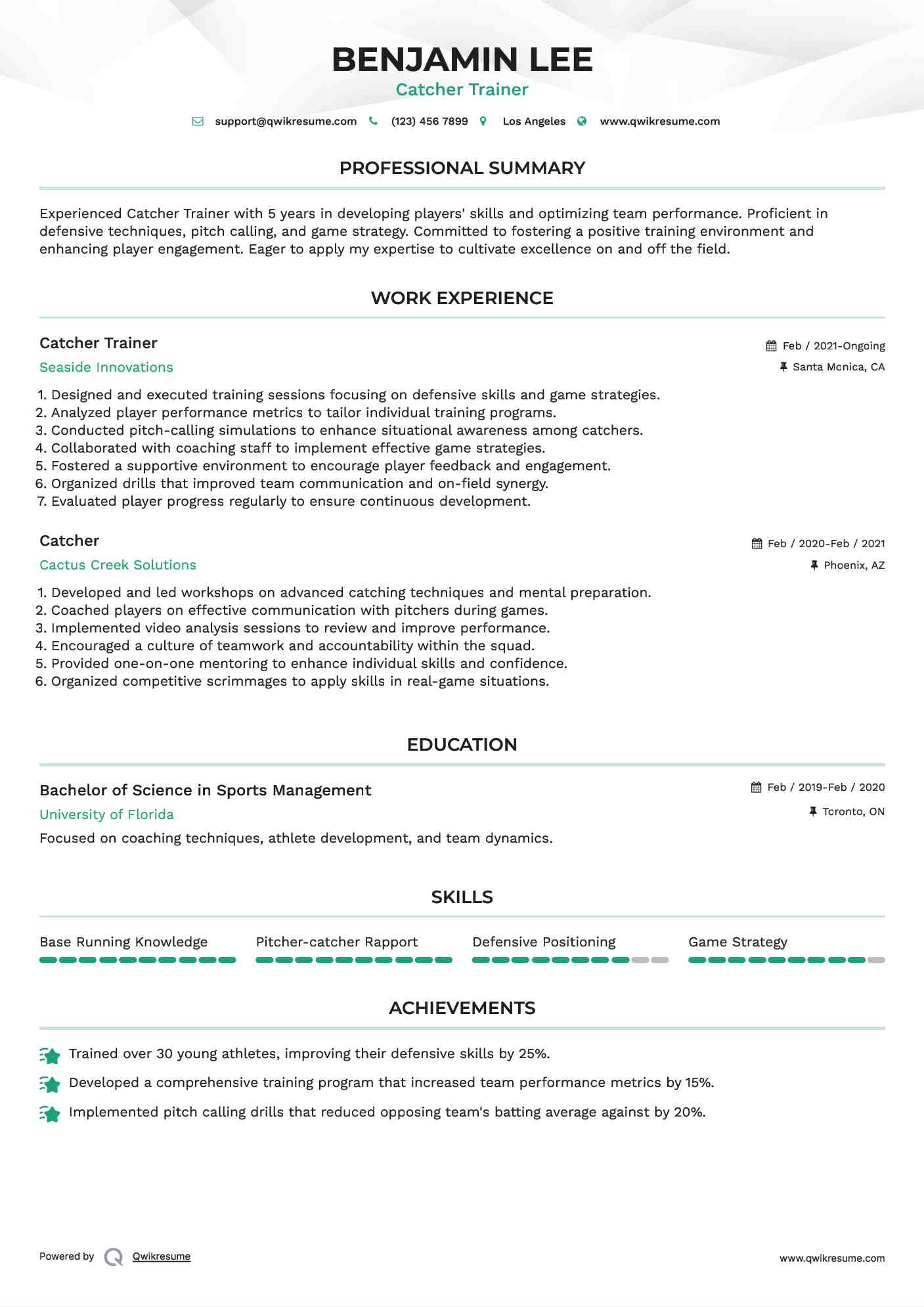 Catcher Trainer Resume Example