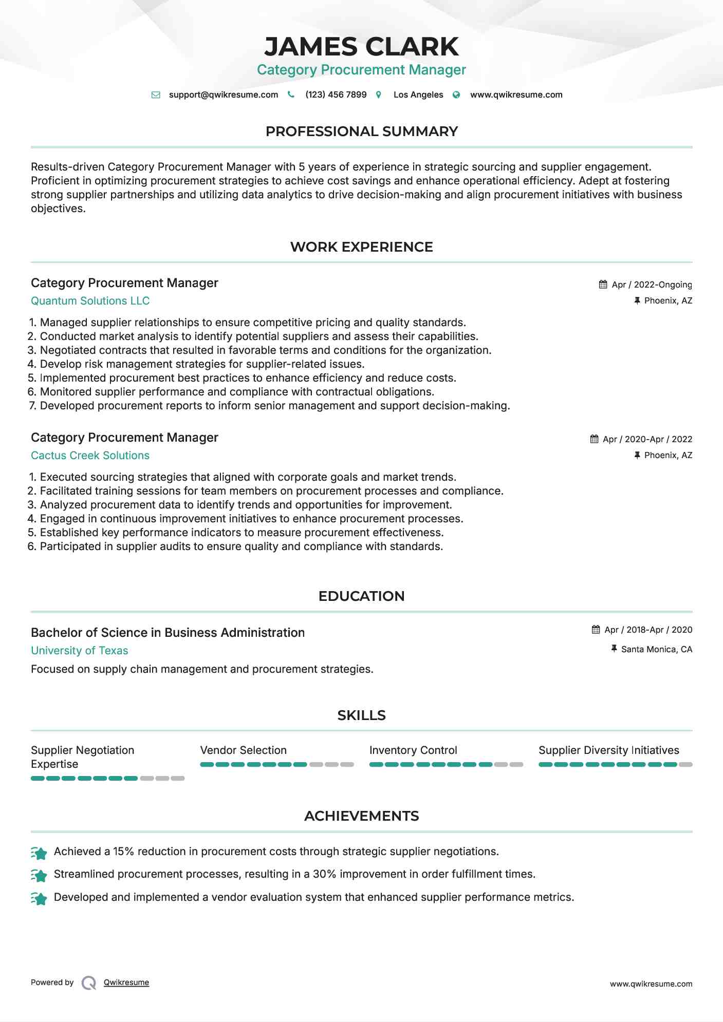 Category Procurement Manager Resume Template