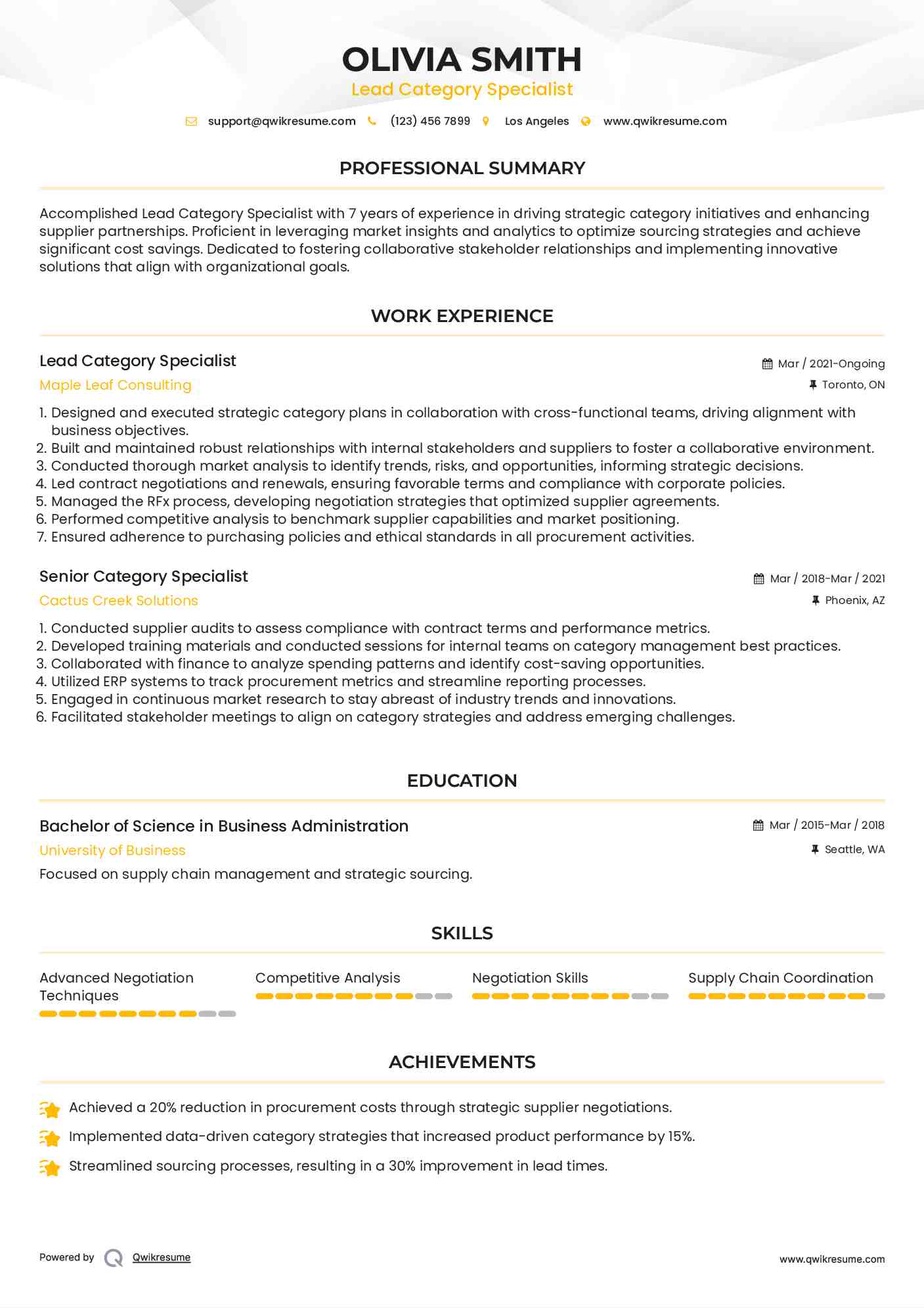 Lead Category Specialist Resume Sample