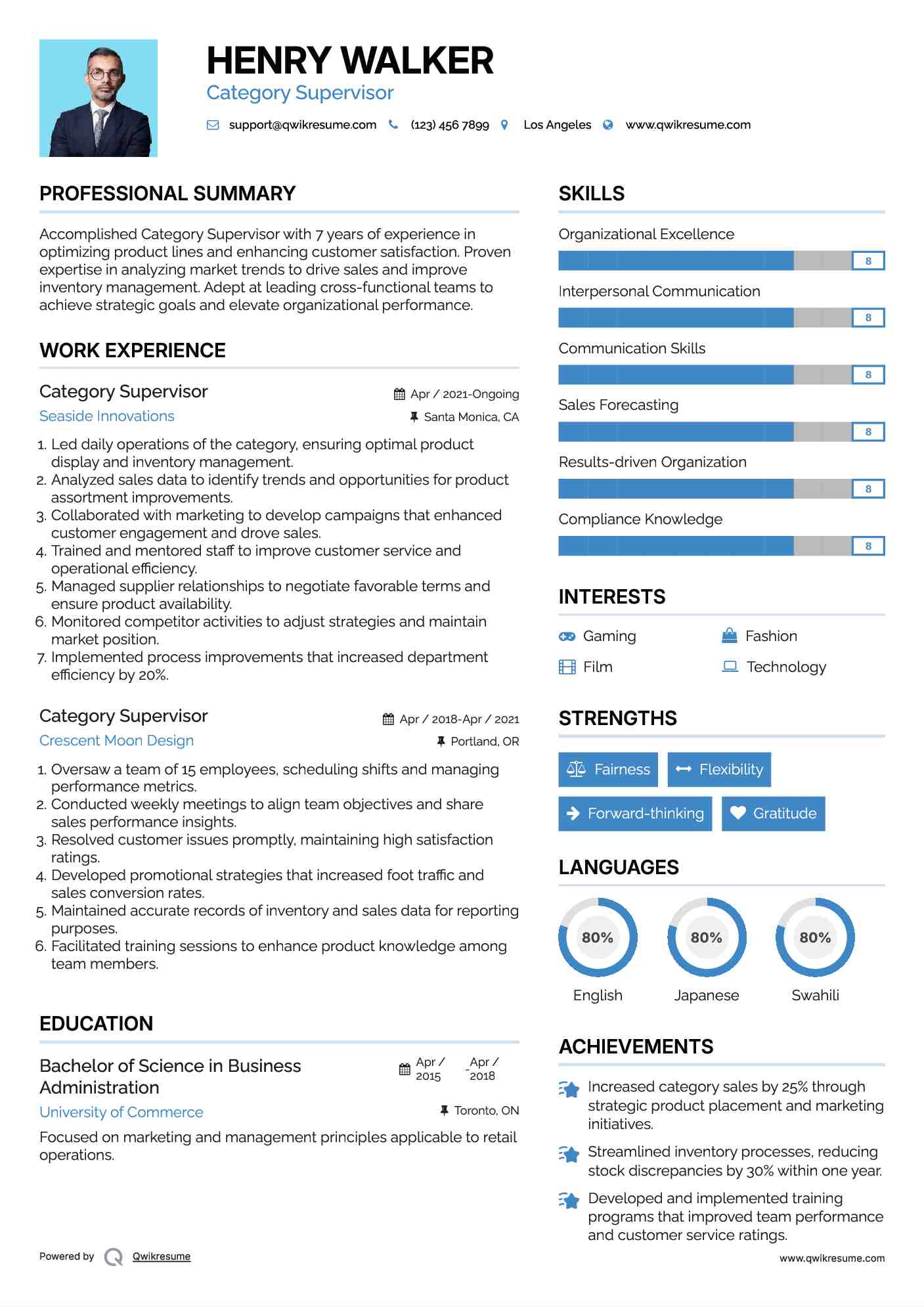 Category Supervisor Resume Example
