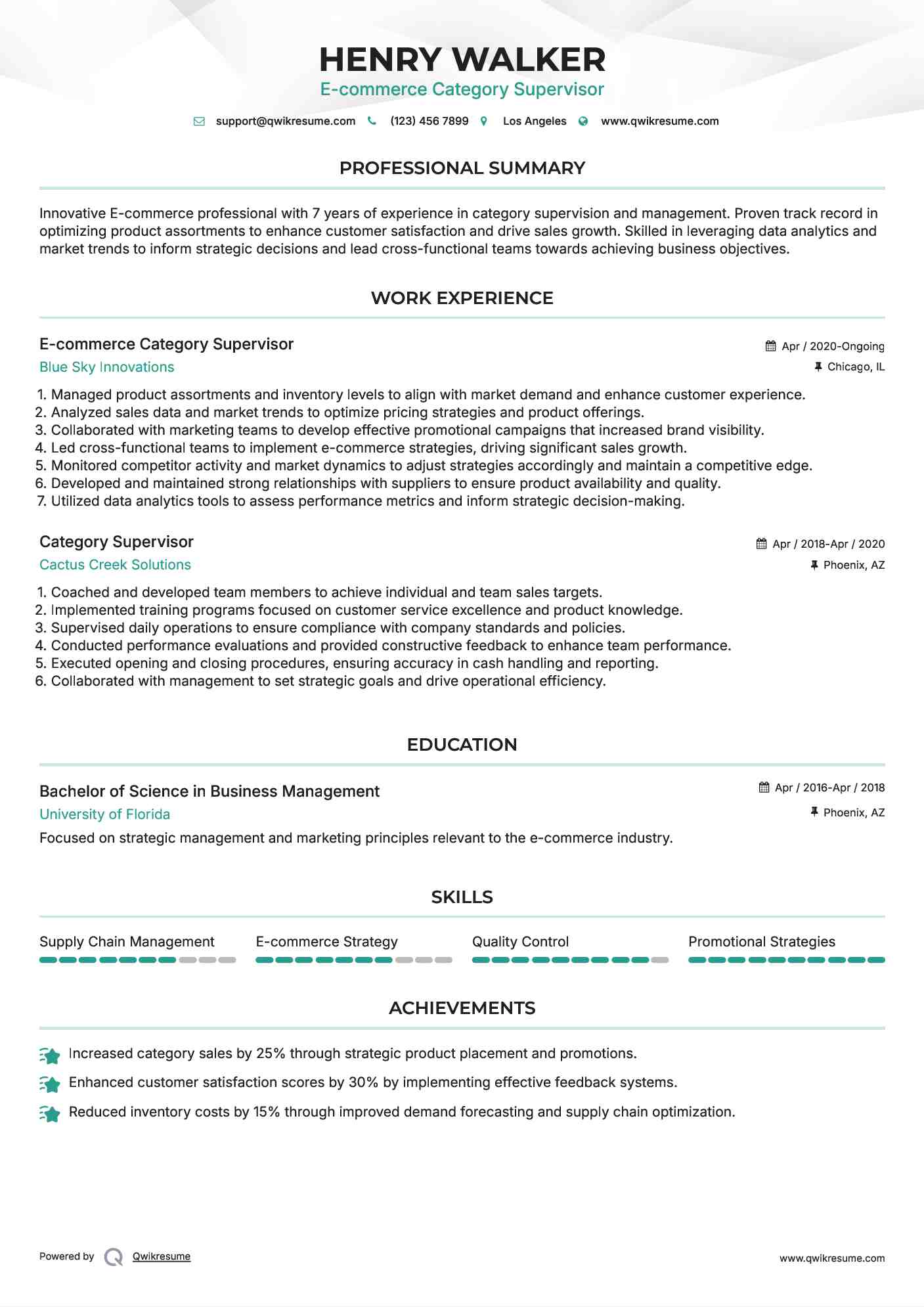 E-commerce Category Supervisor Resume Example