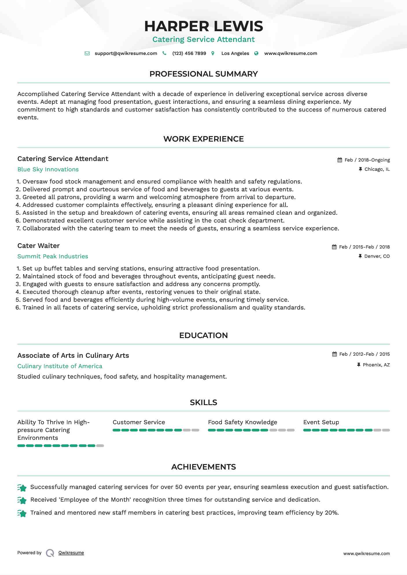 Catering Service Attendant Resume Model