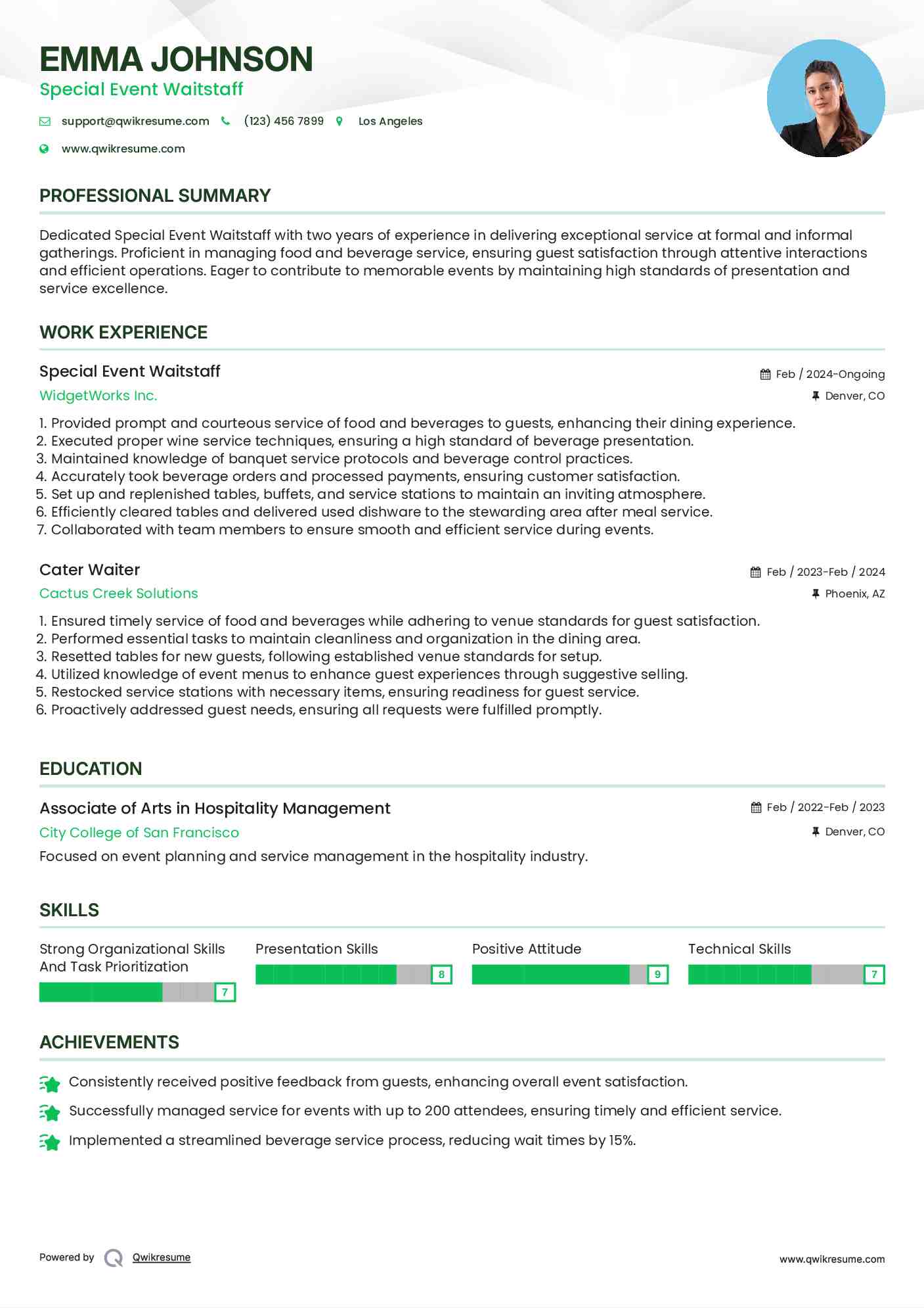 Special Event Waitstaff Resume Example