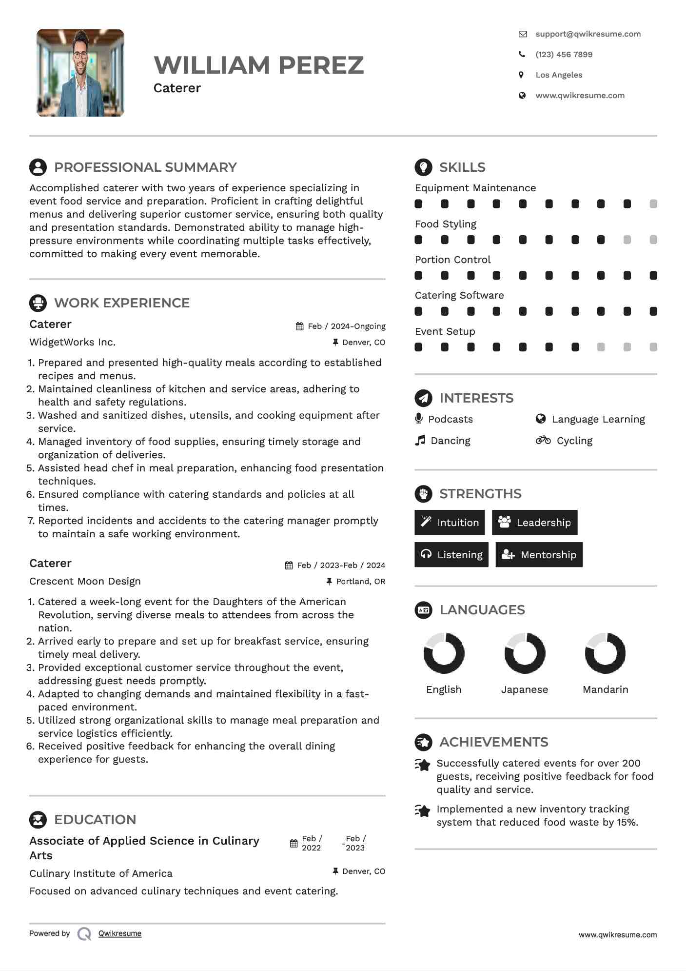 Caterer Resume Sample