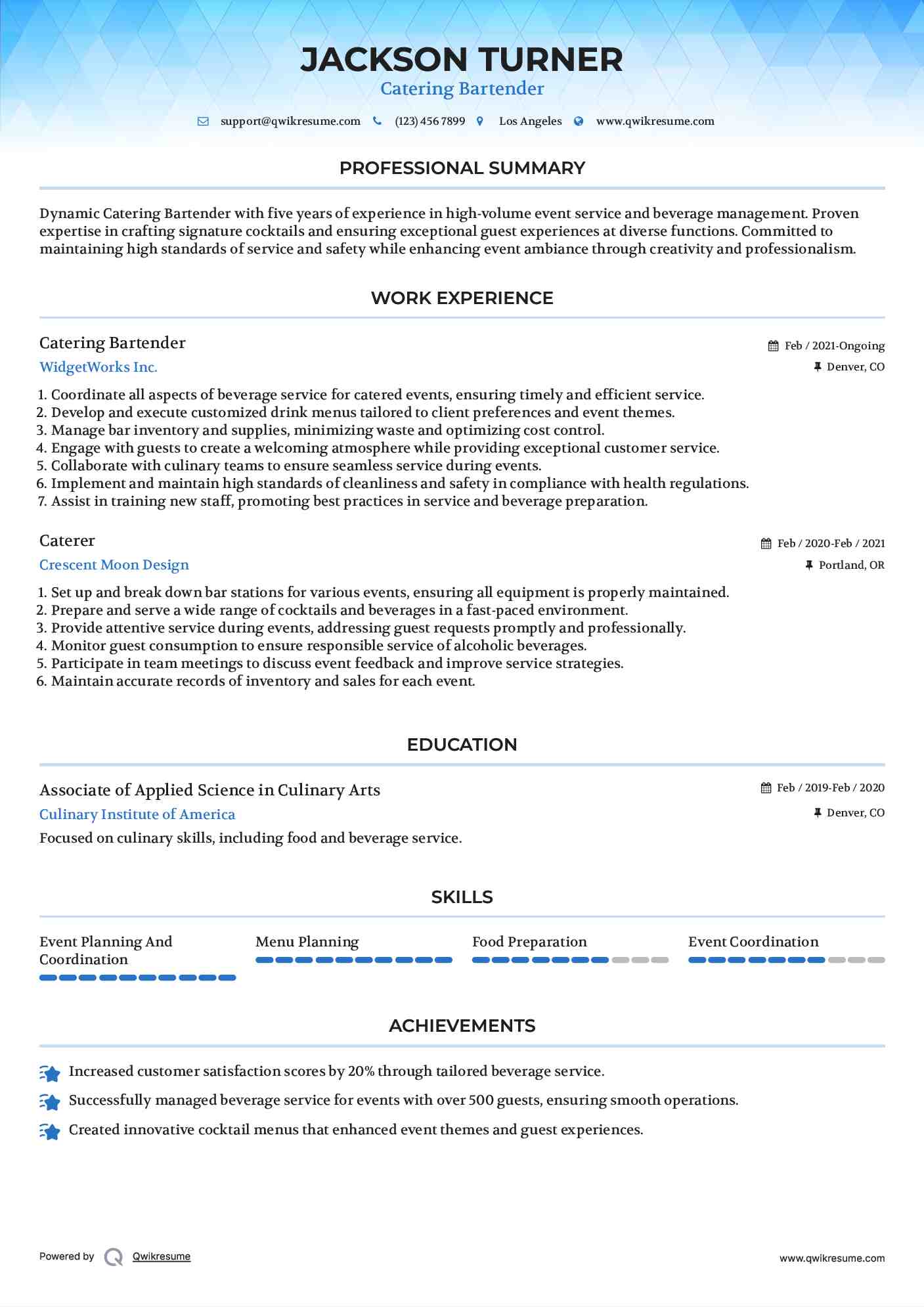 Catering Bartender Resume Example
