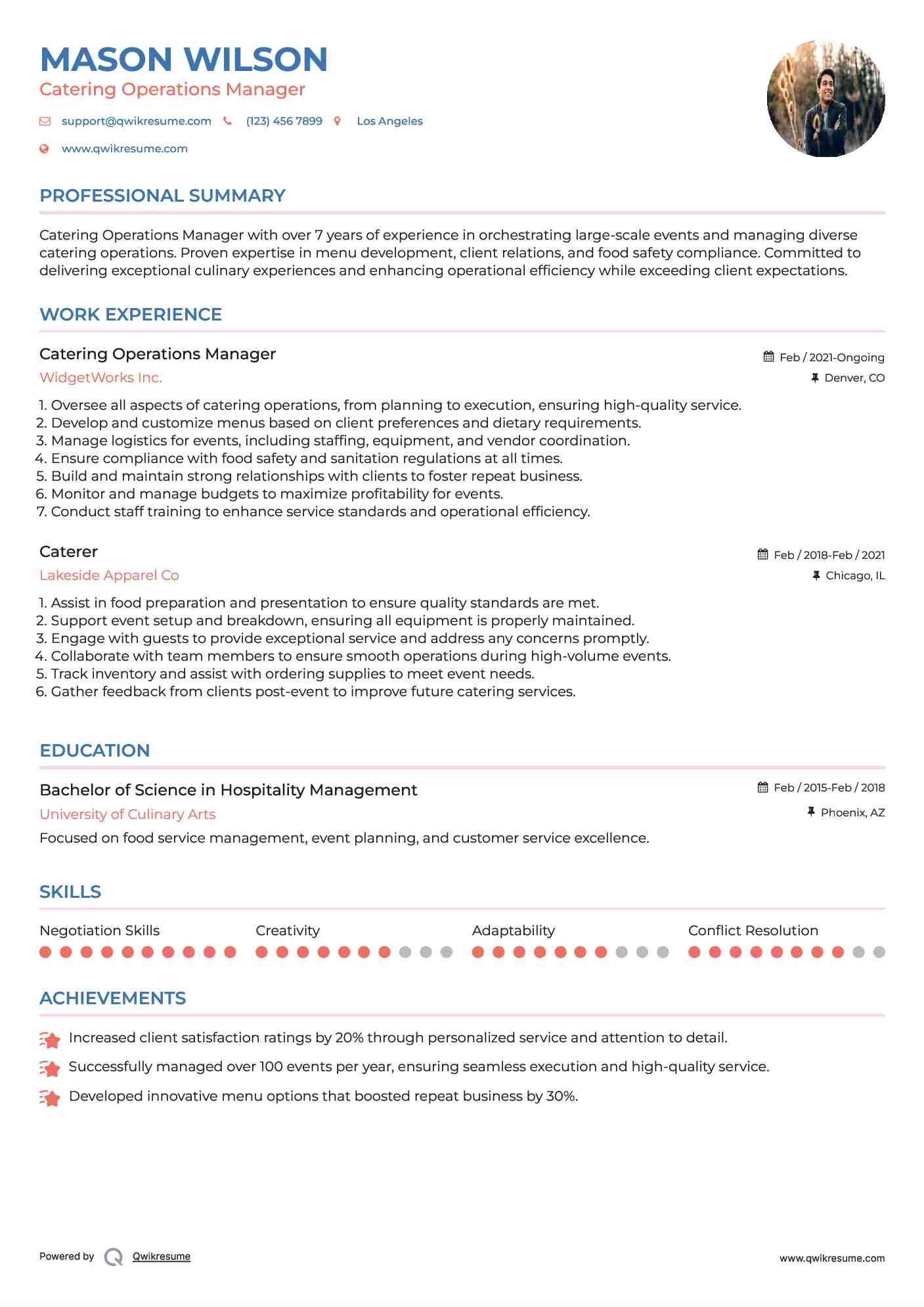 Catering Operations Manager Resume Sample