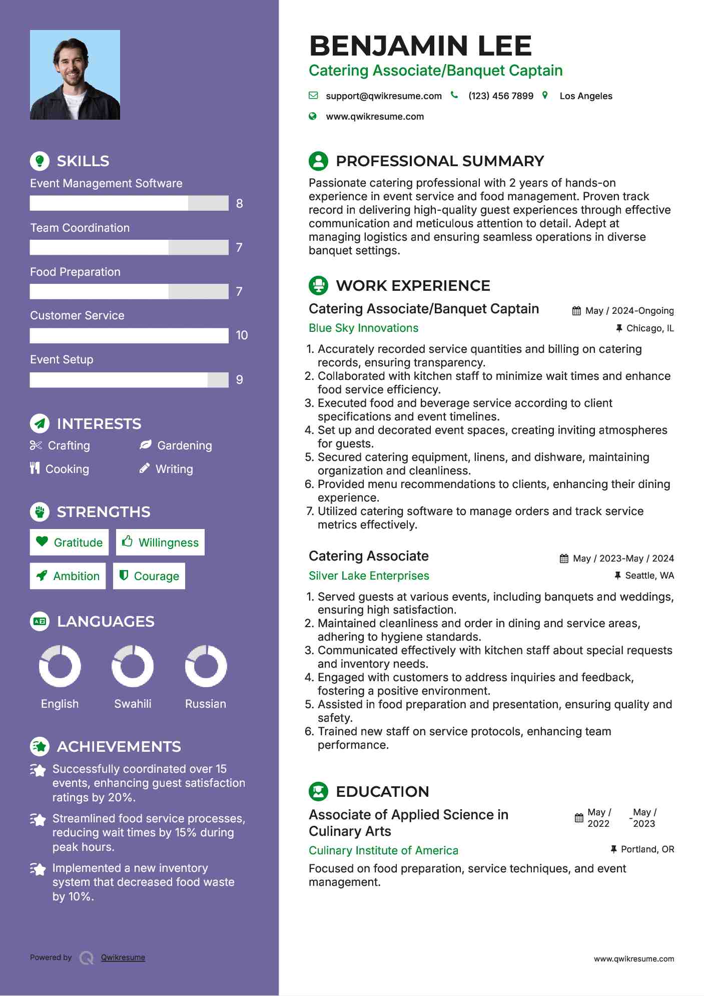 Catering Associate/Banquet Captain Resume Sample