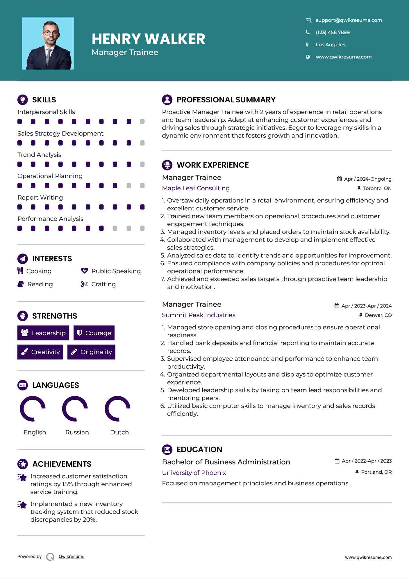 Manager Trainee Resume Example