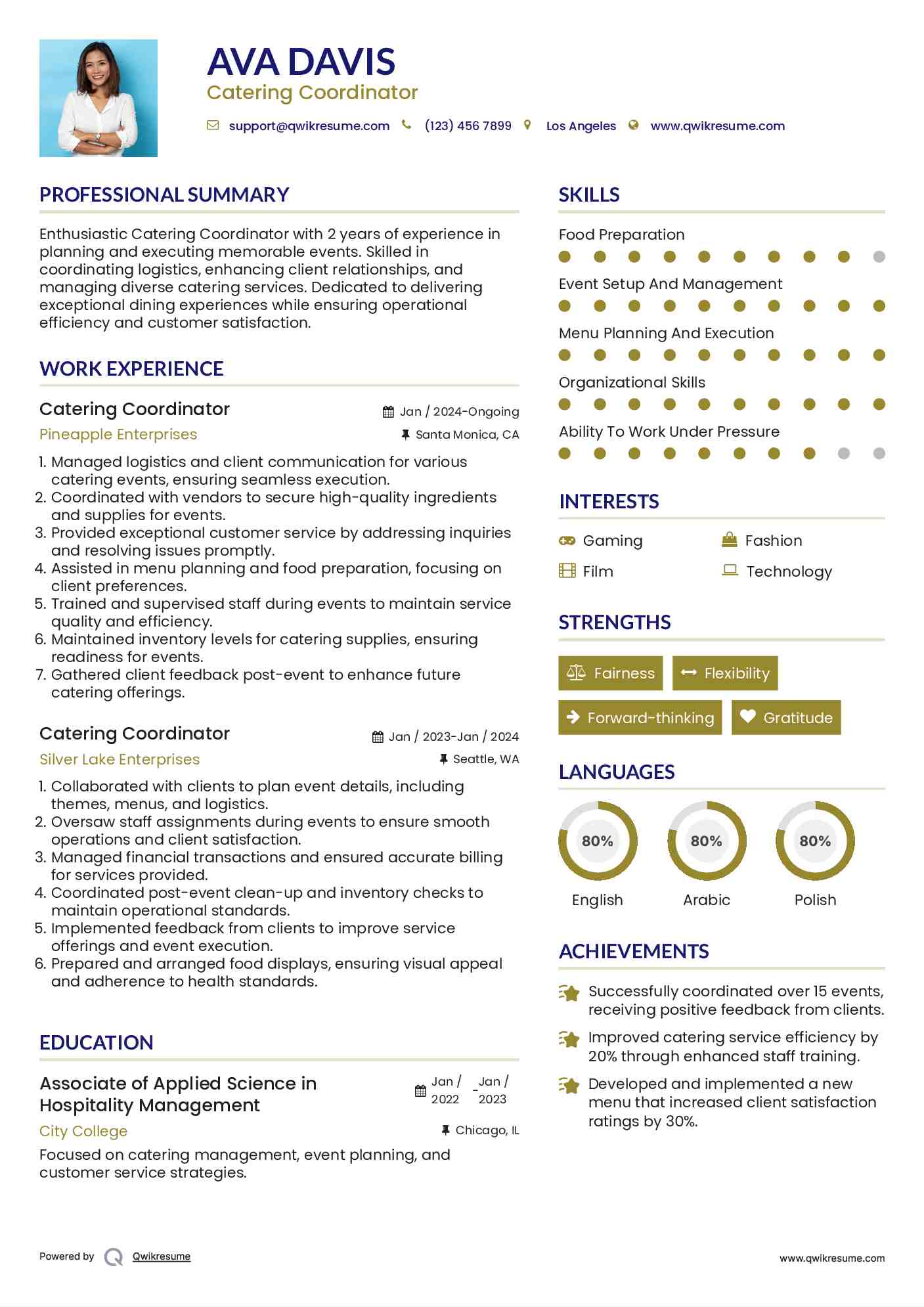 Catering Coordinator Resume Sample