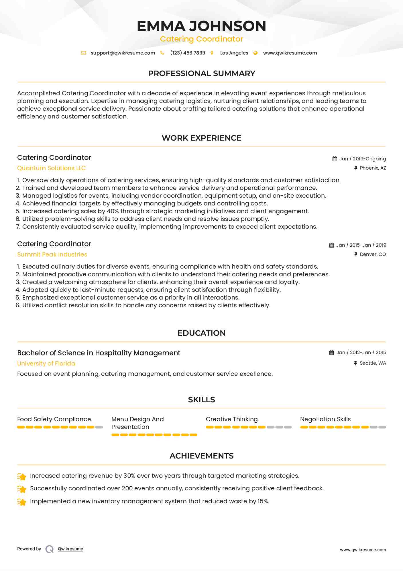 Catering Coordinator Resume Format