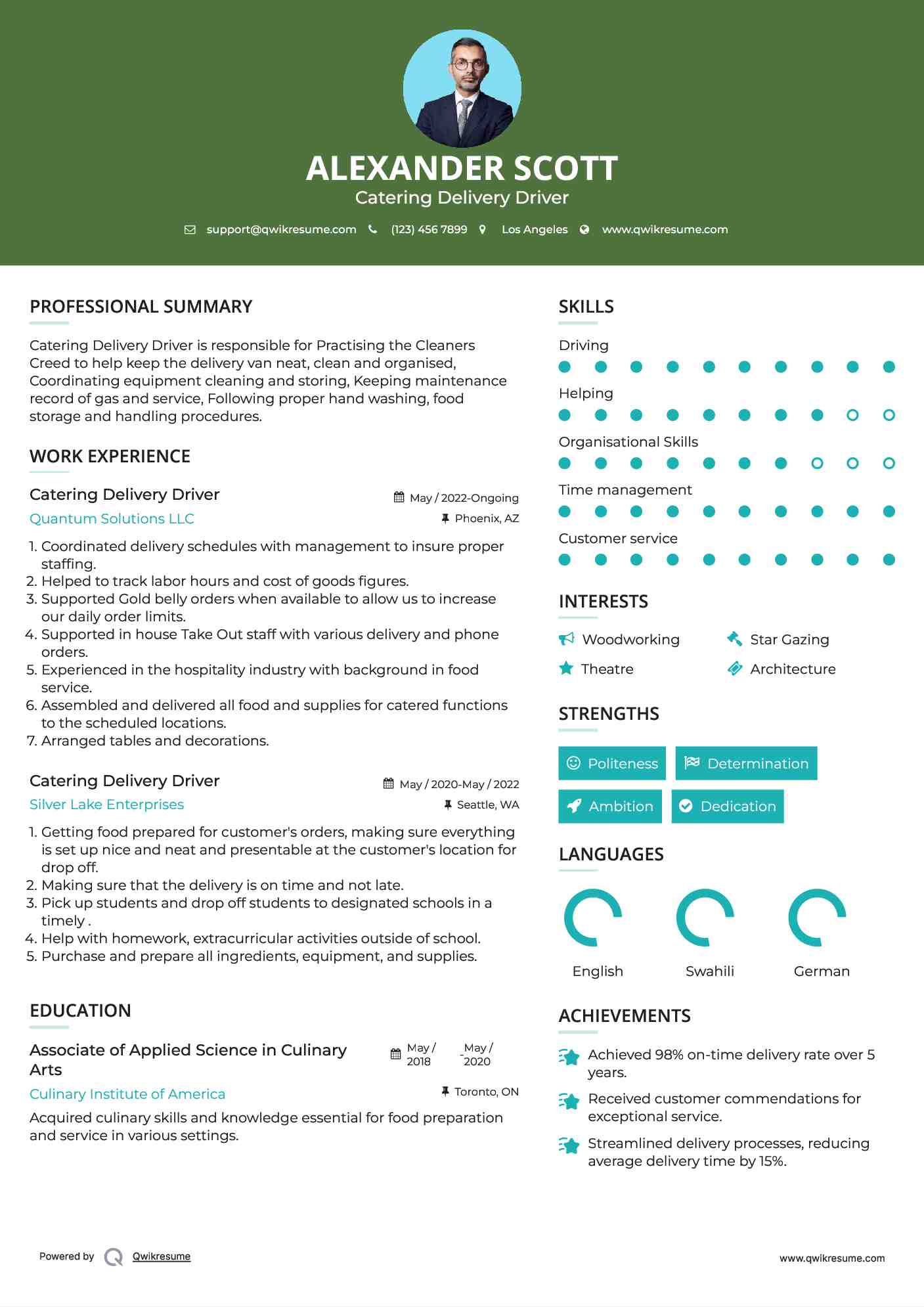 Catering Delivery Driver Resume Sample