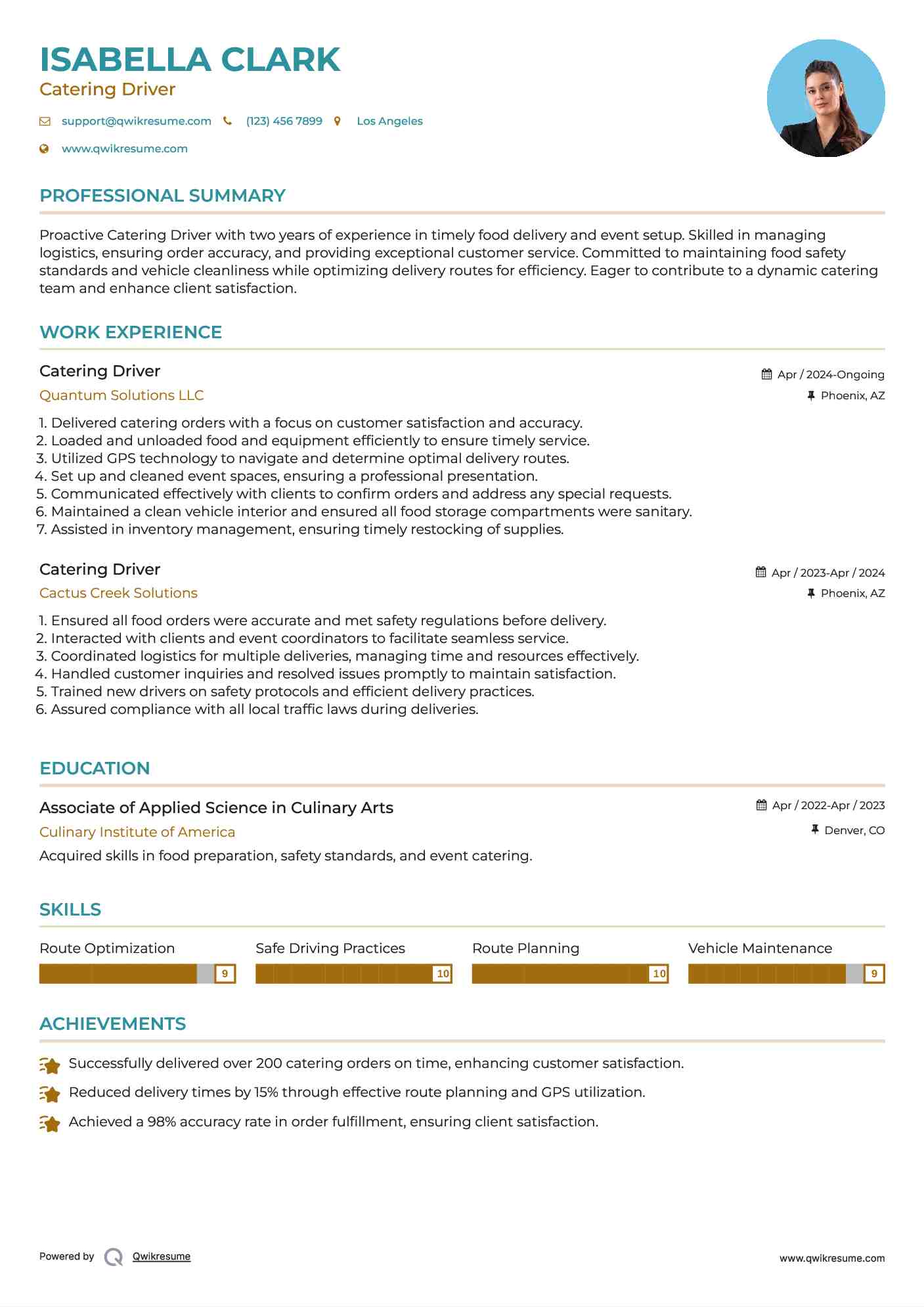 Catering Driver Resume Sample