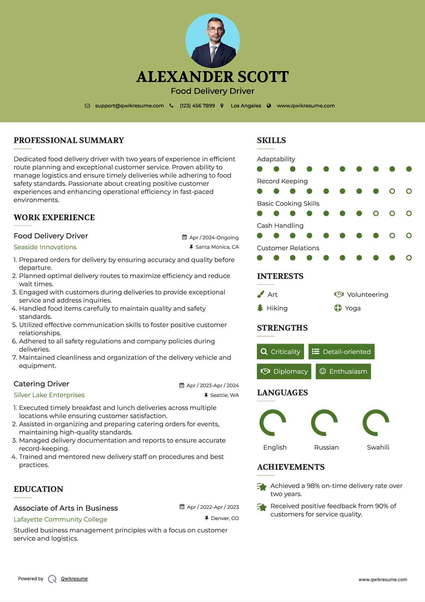 Food Delivery Driver Resume Model