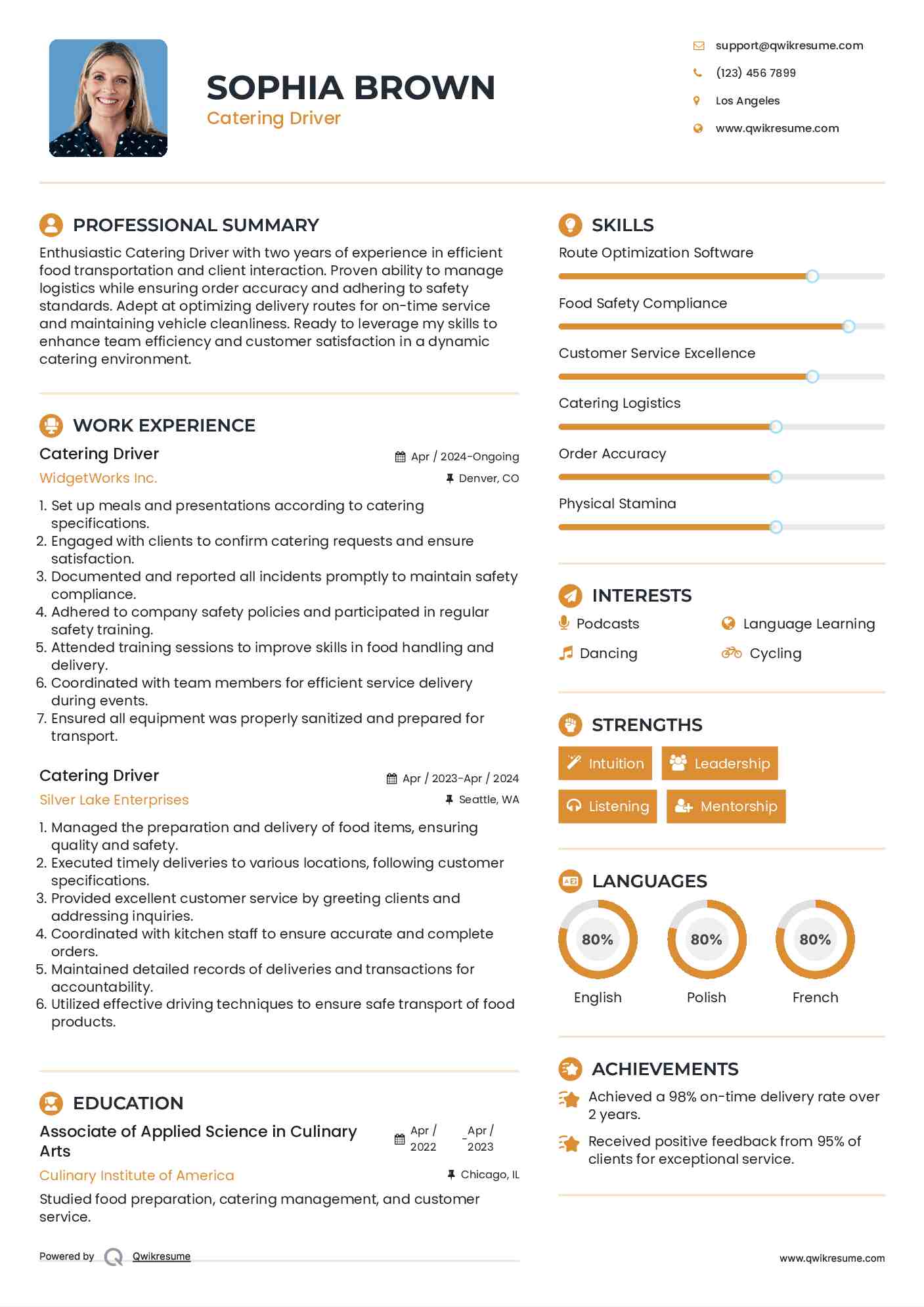 Catering Driver Resume Model