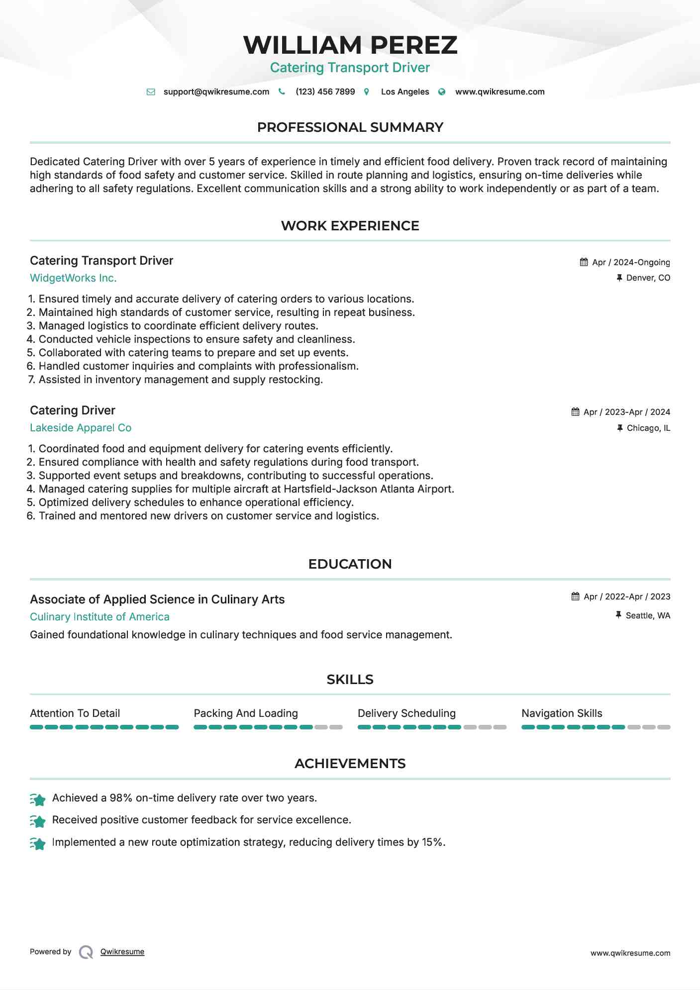 Catering Transport Driver Resume Format