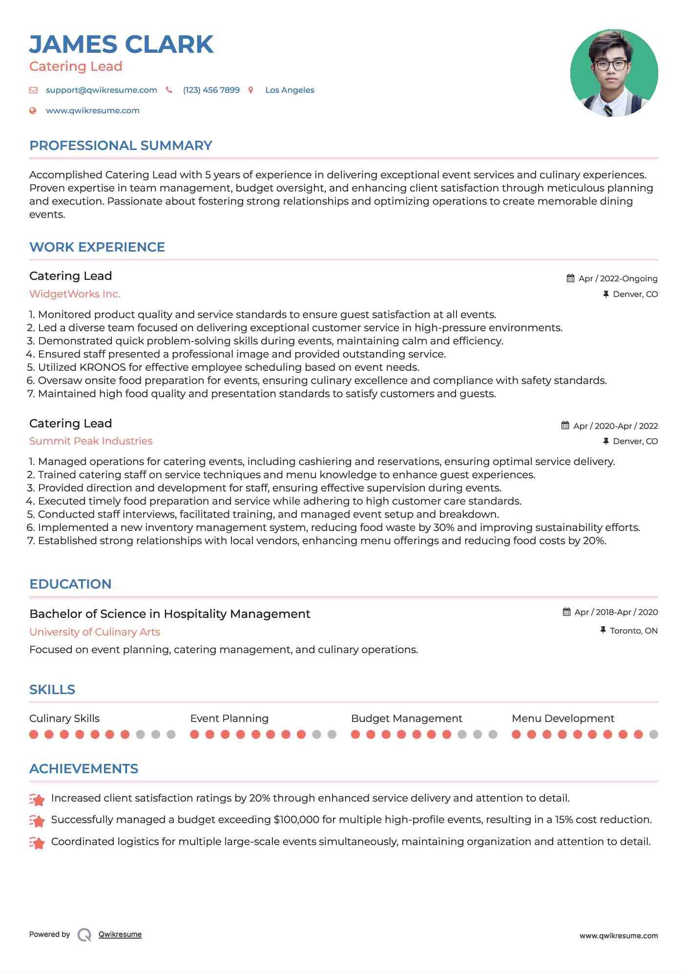 Catering Lead Resume Model