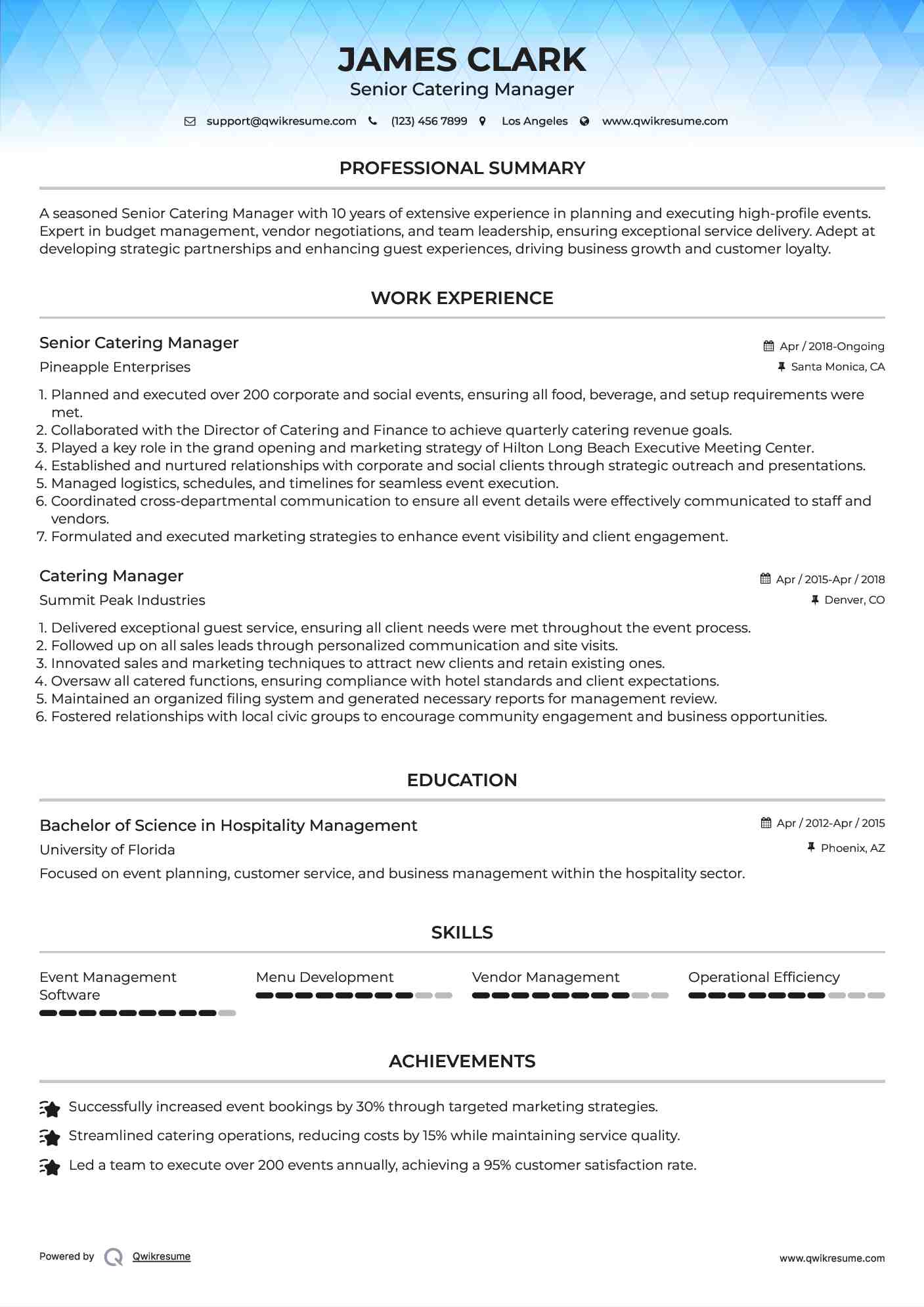 Senior Catering Manager Resume Model