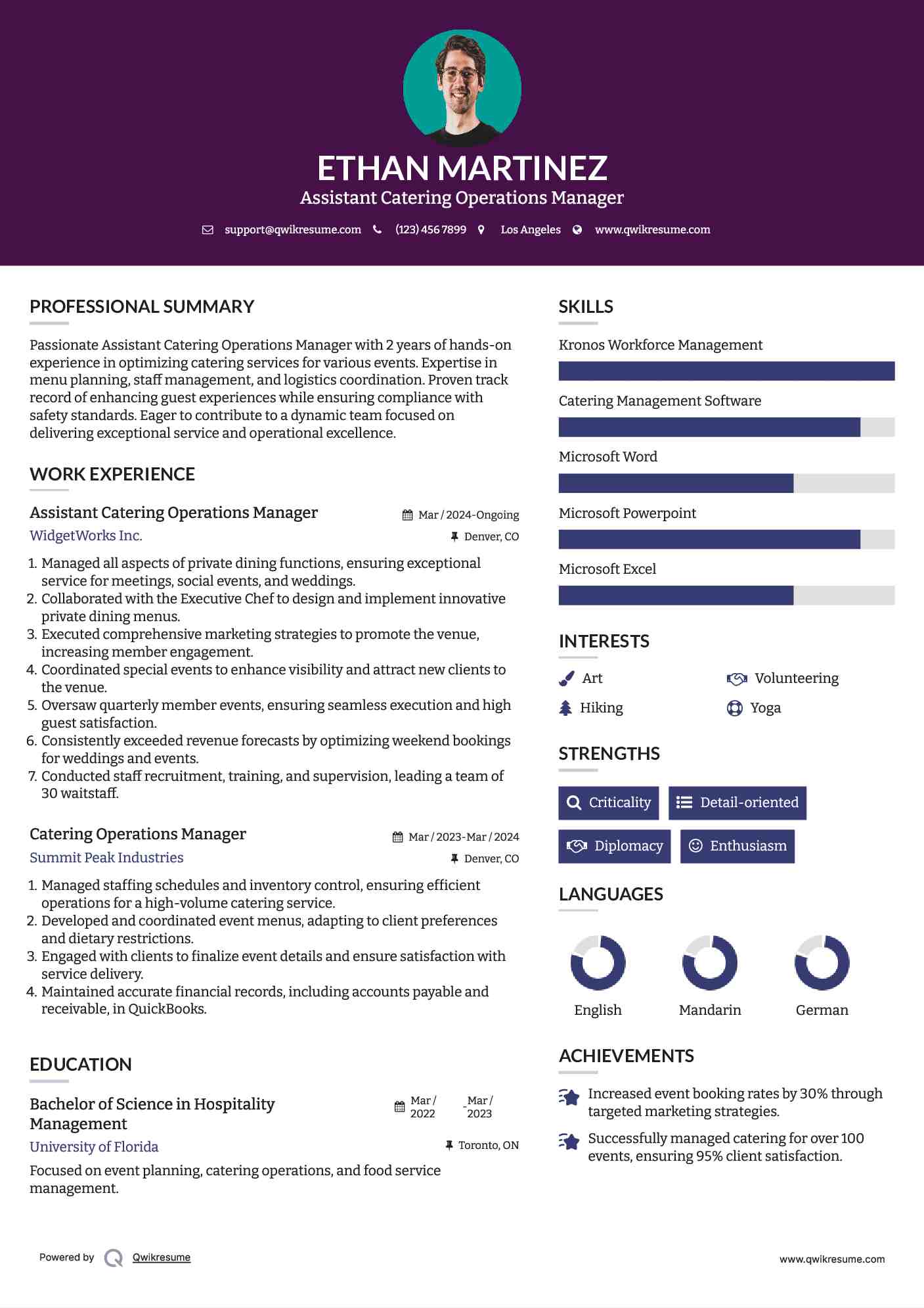 Assistant Catering Operations Manager Resume Model