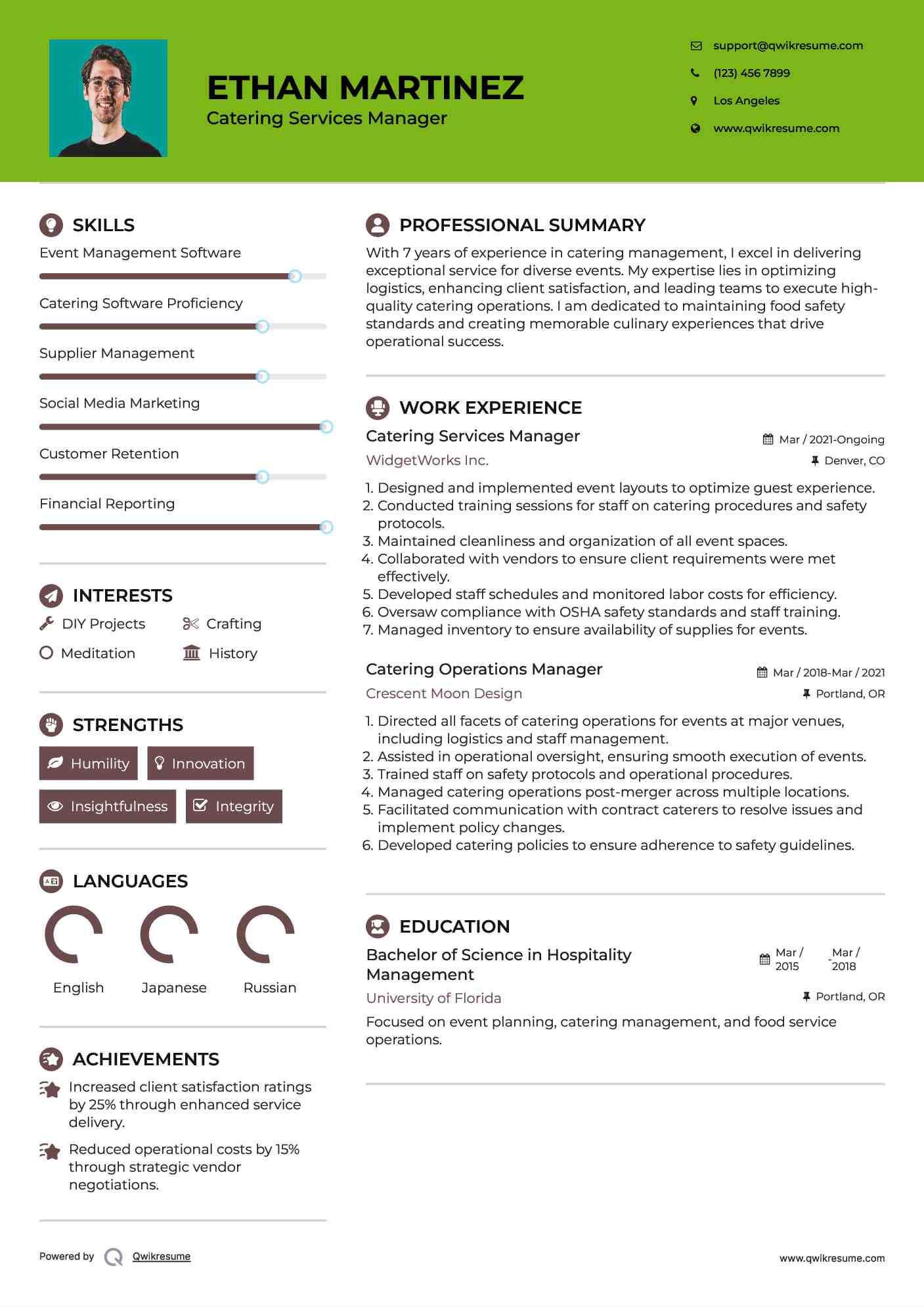 Catering Services Manager Resume Sample