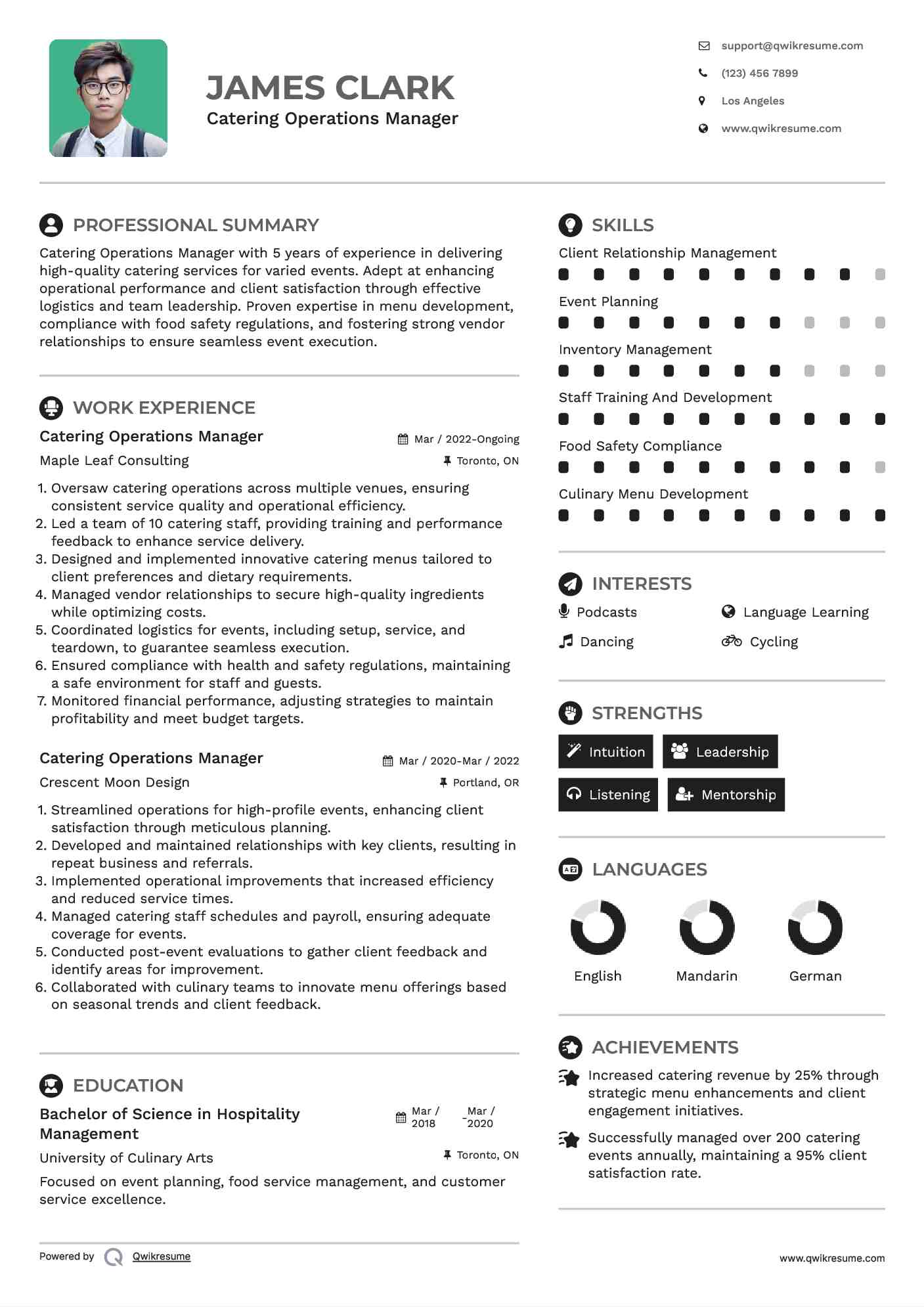 Catering Operations Manager Resume Template
