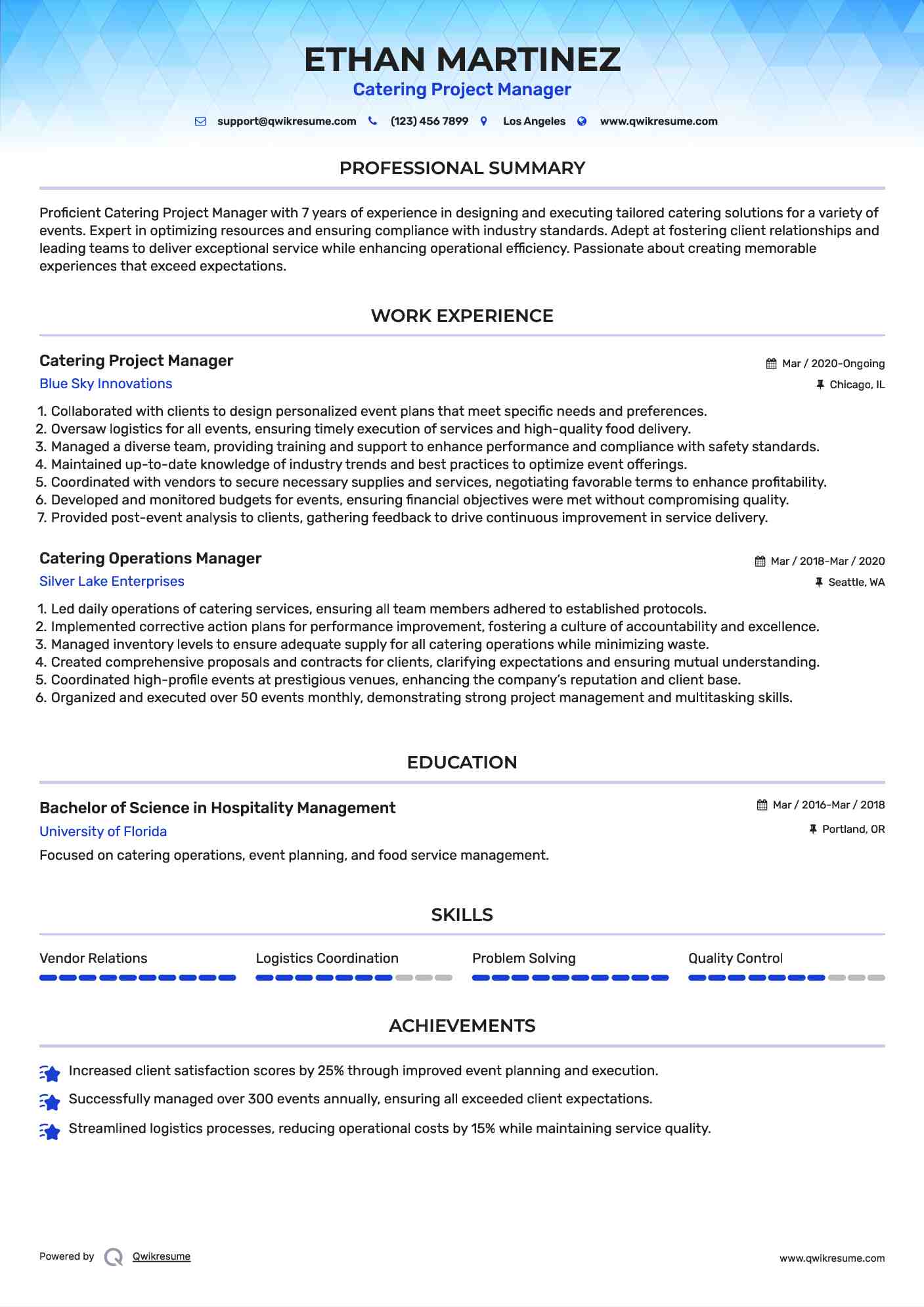 Catering Project Manager Resume Template